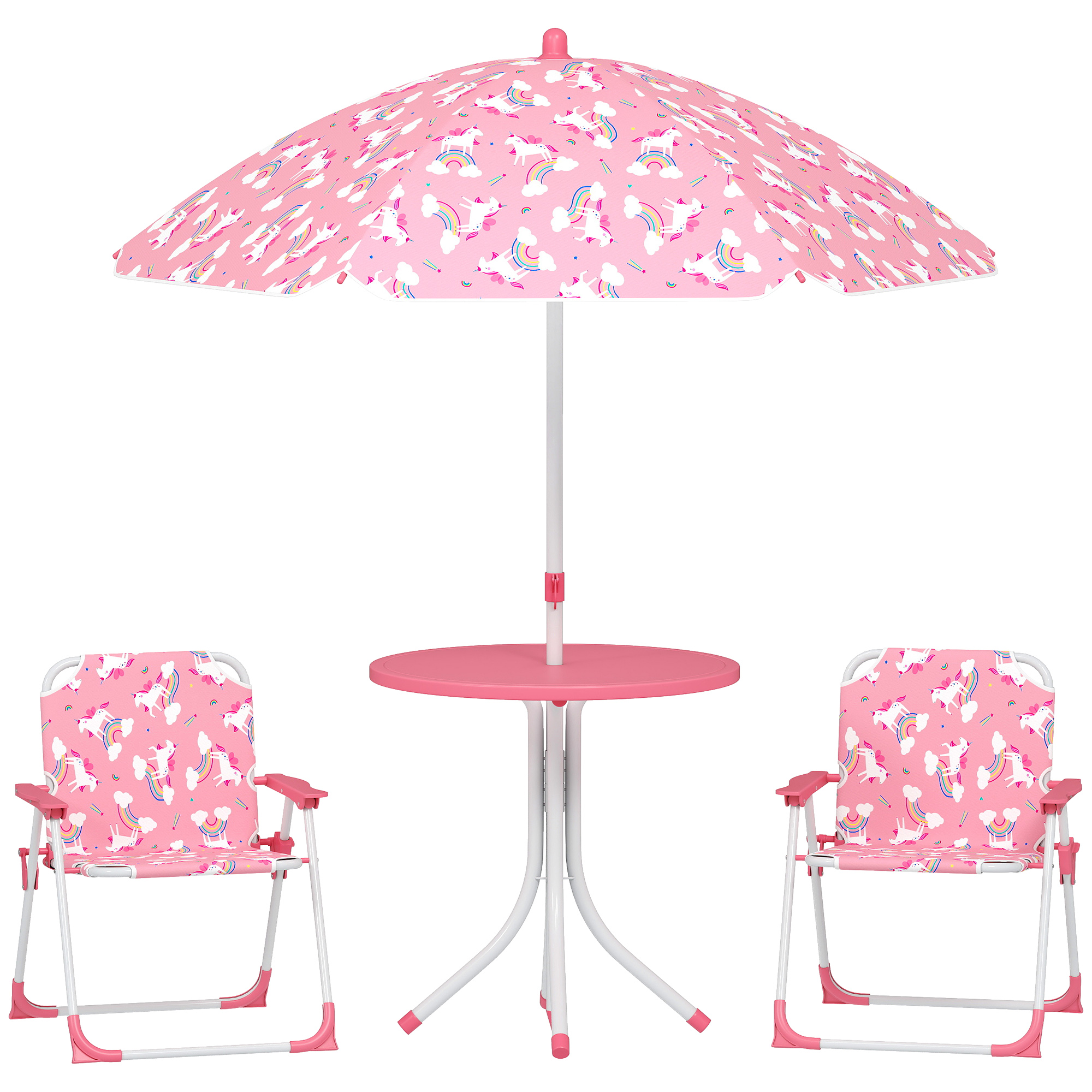 Tavolo per bambini rosa con due sedie e un ombrellone, decorato con unicorni e arcobaleni.