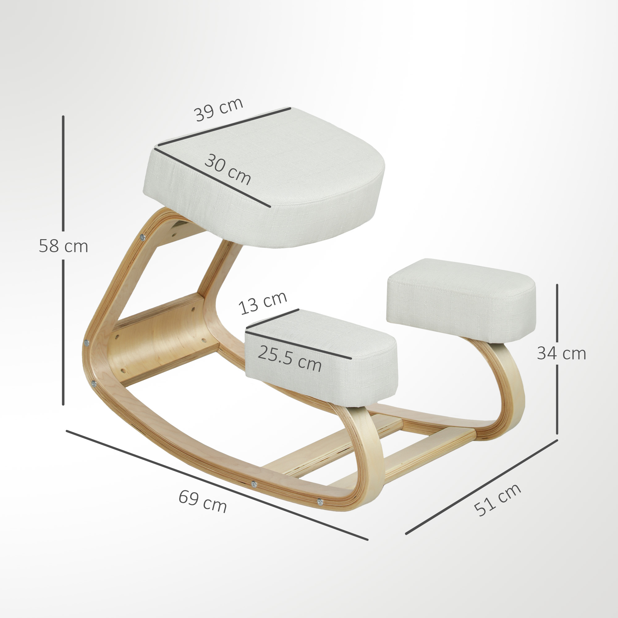 Sedia inginocchiatoio bianca in legno con dimensioni. 58x39x30cm AxLxP.