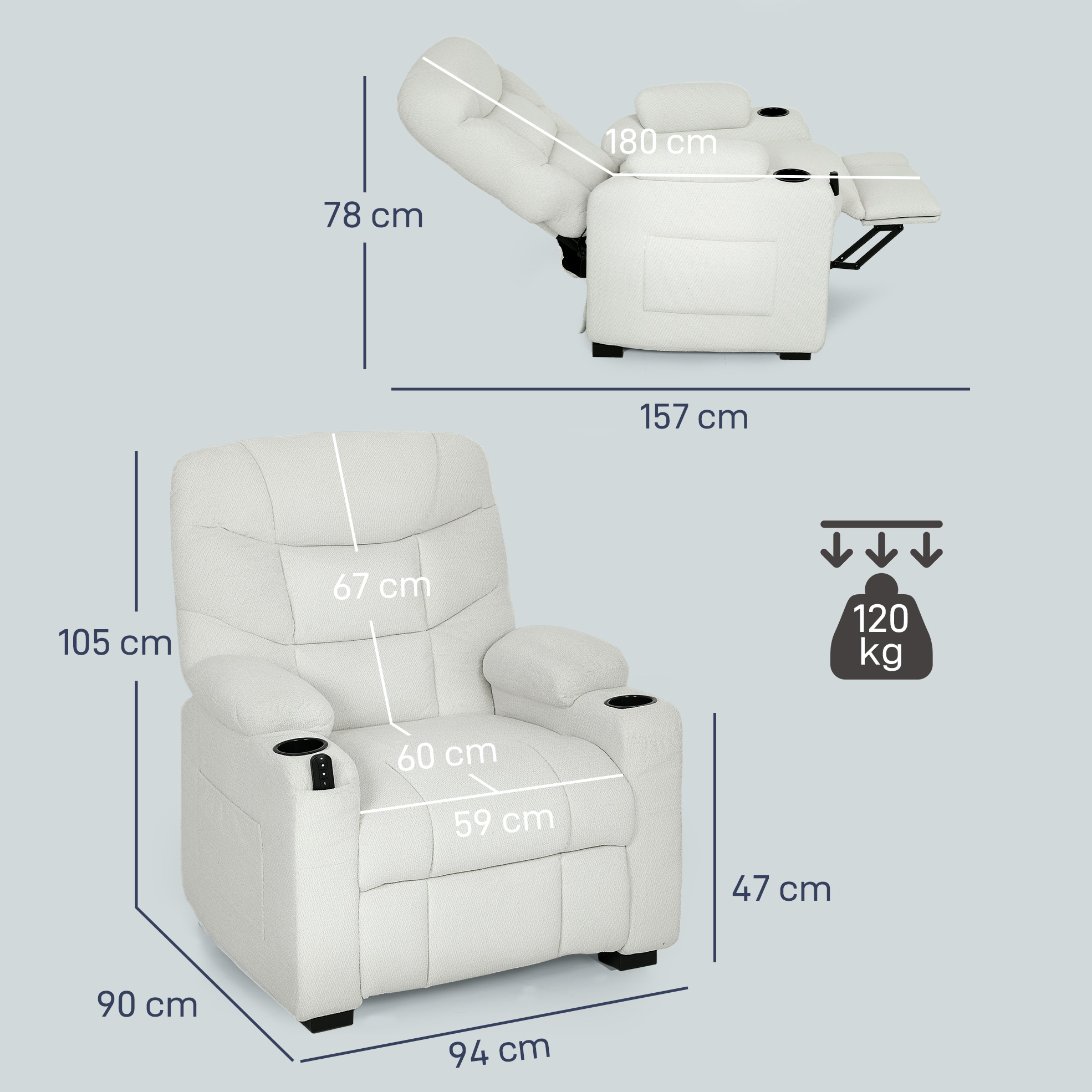 Una poltrona reclinabile bianca con dimensioni e capacità di 120 kg.