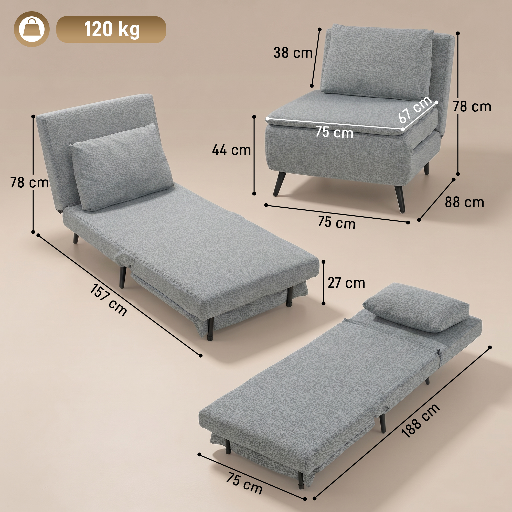 Divano letto grigio in varie configurazioni con dimensioni.