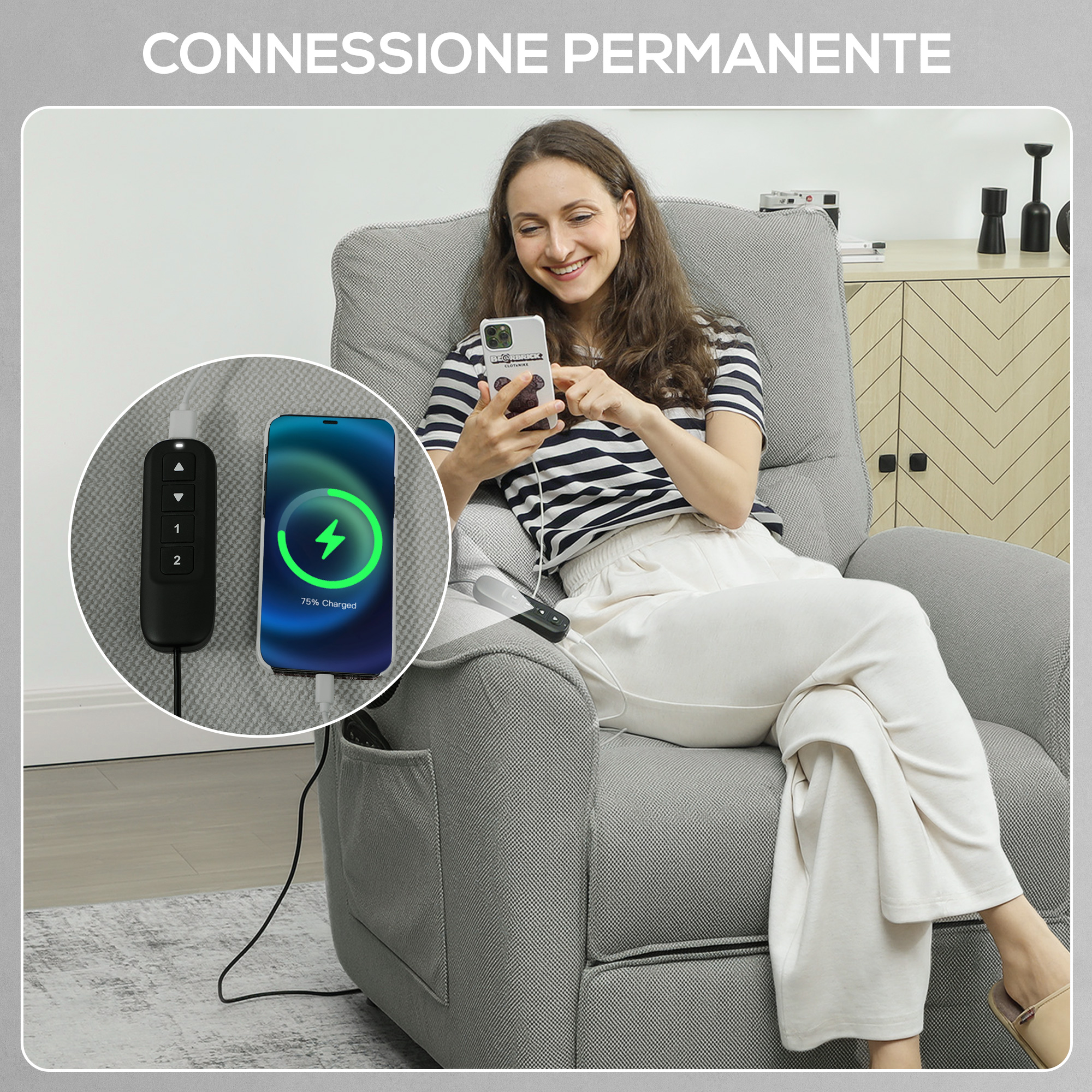 Donna seduta su una poltrona reclinabile mentre carica il suo telefono al 75%.