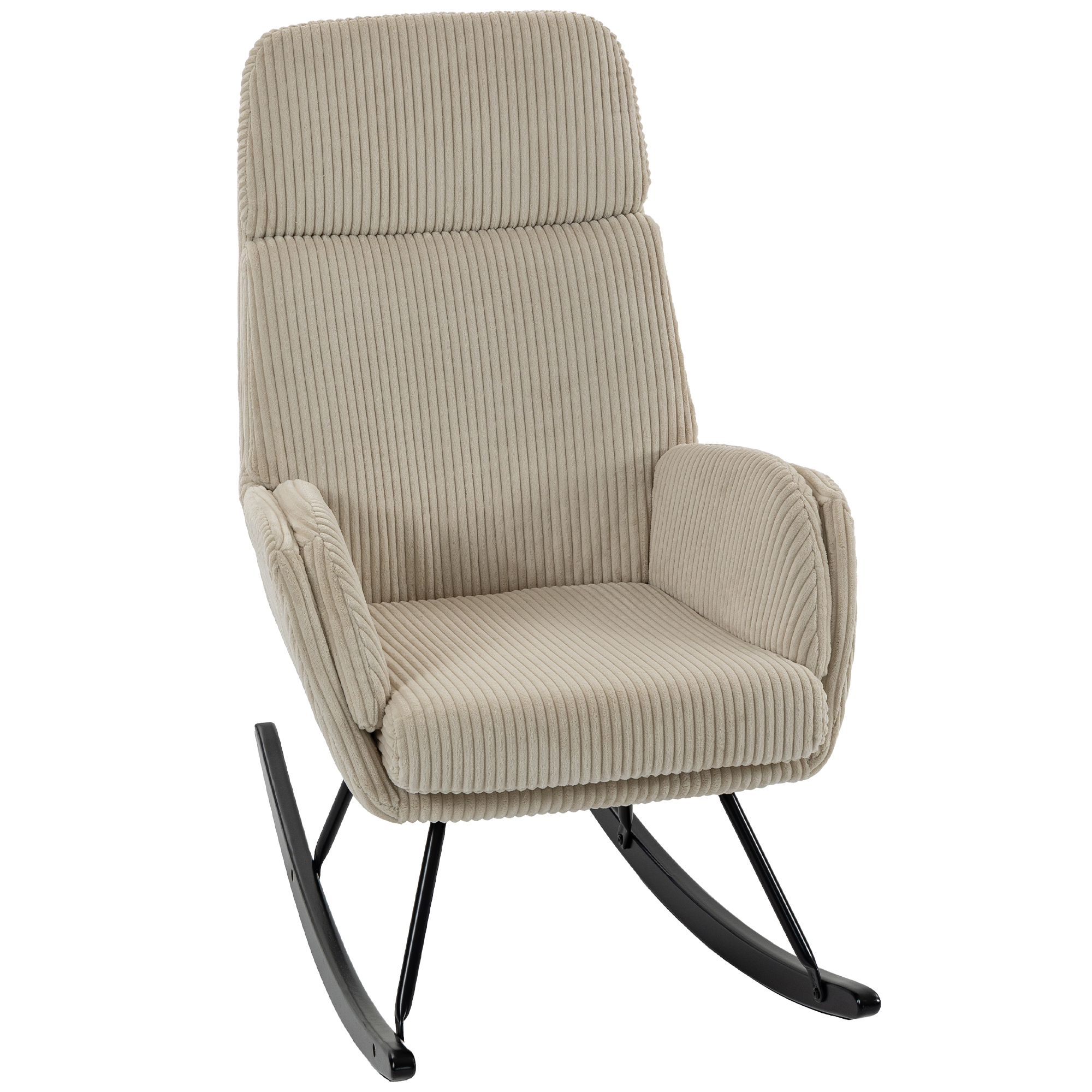 Una poltrona a dondolo in velluto a coste beige con gambe in metallo nero, isolata.