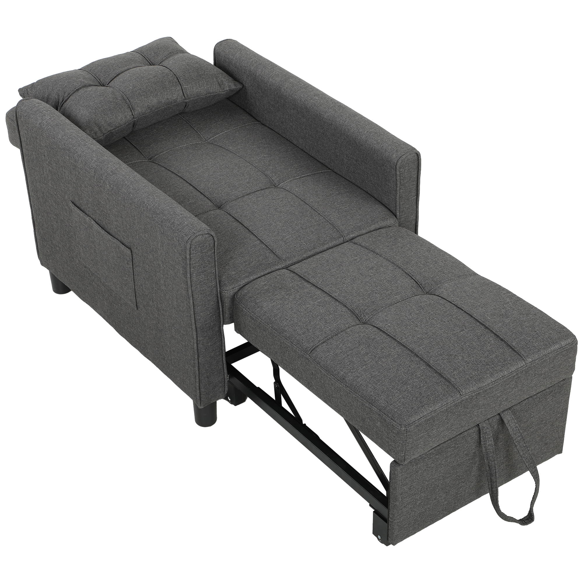 Poltrona divano grigia con pouf estraibile e cuscino, su sfondo bianco.