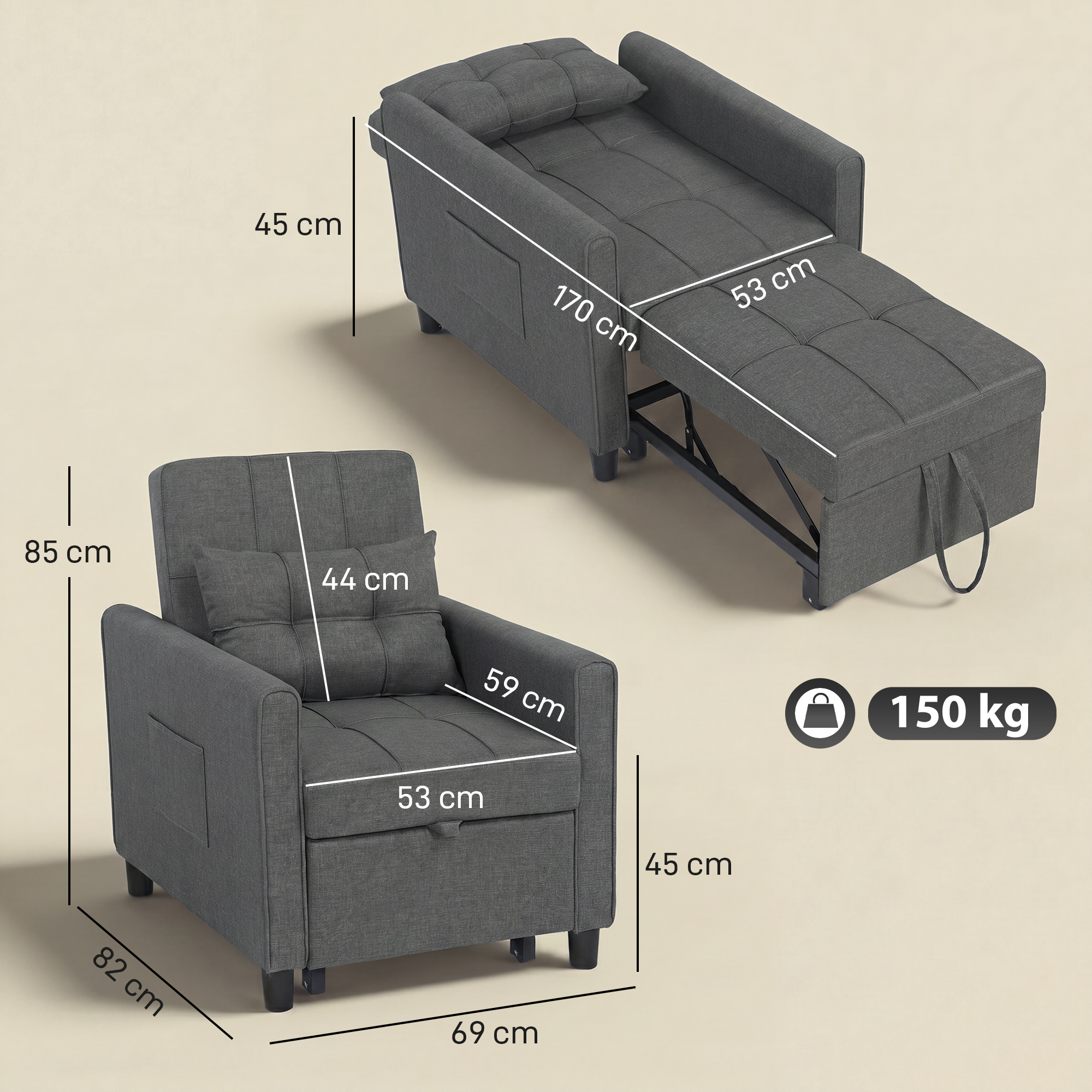 Poltrona-divano grigia con dimensioni: 85x82x69 cm, aperta 170 cm.