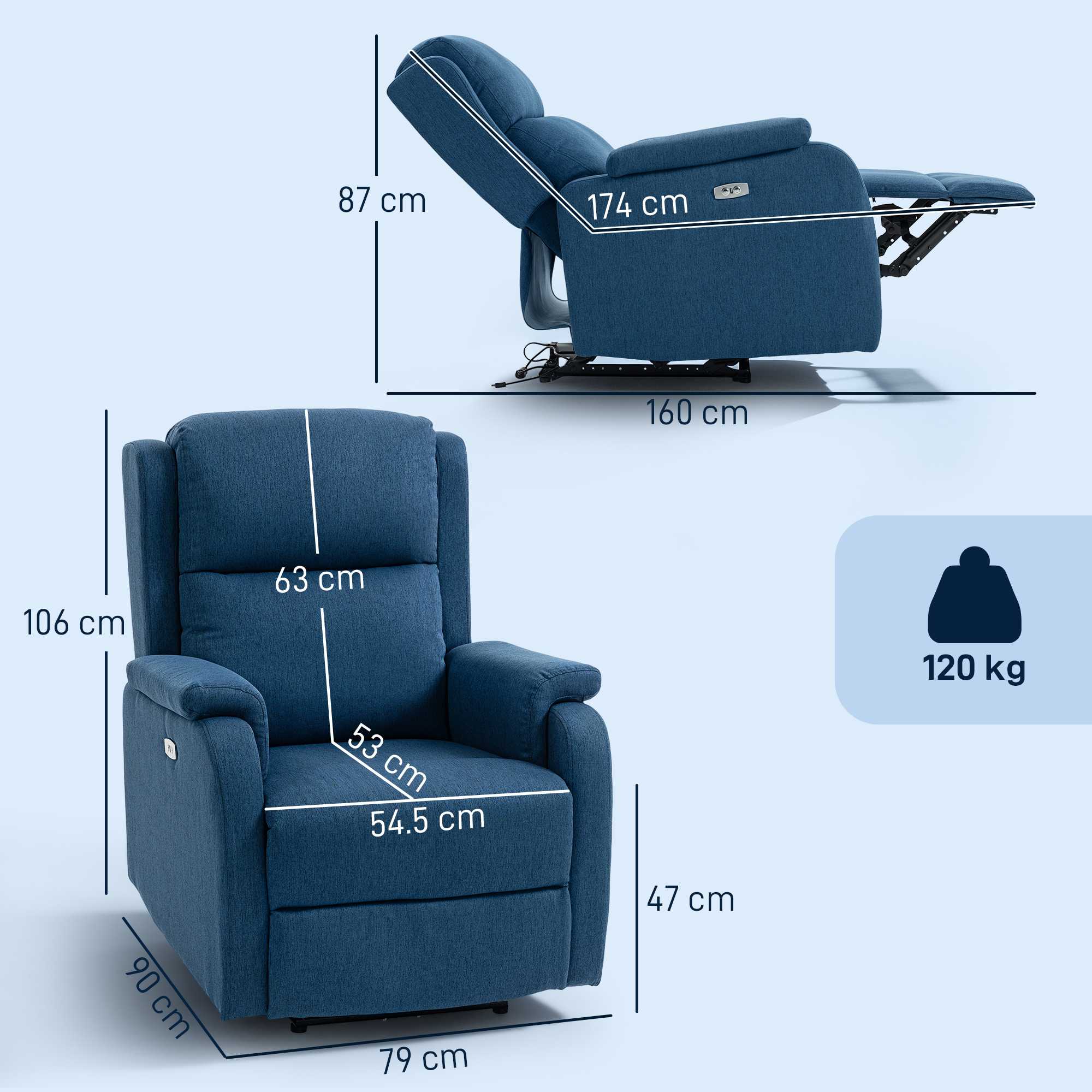 Una poltrona reclinabile blu con dimensioni e peso, parzialmente reclinata.