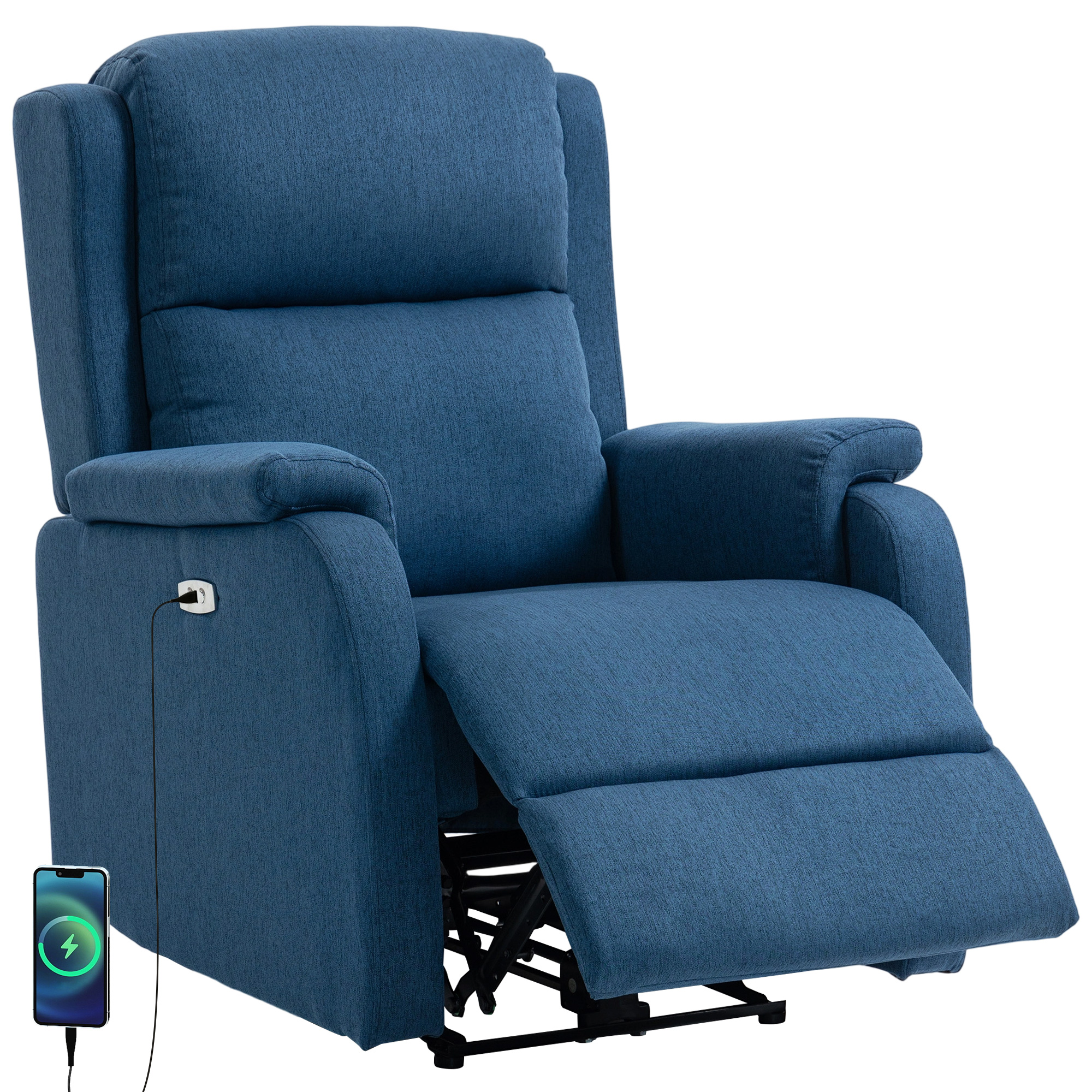 Poltrona reclinabile blu con poggiapiedi e porta USB integrata, ricarica telefono.