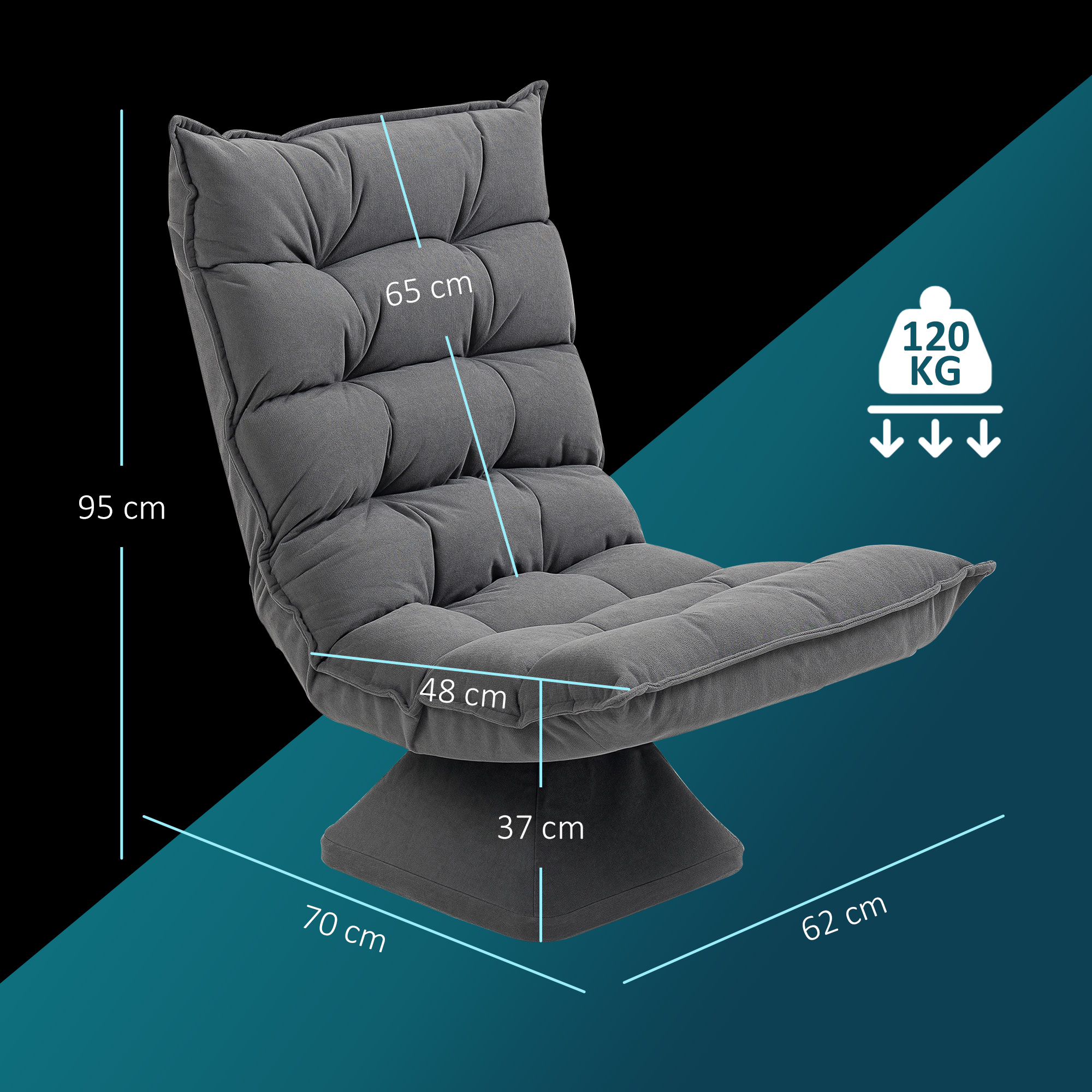 Sedia girevole grigia con dimensioni (95x65x48x37x70x62 cm), capacità 120 kg.