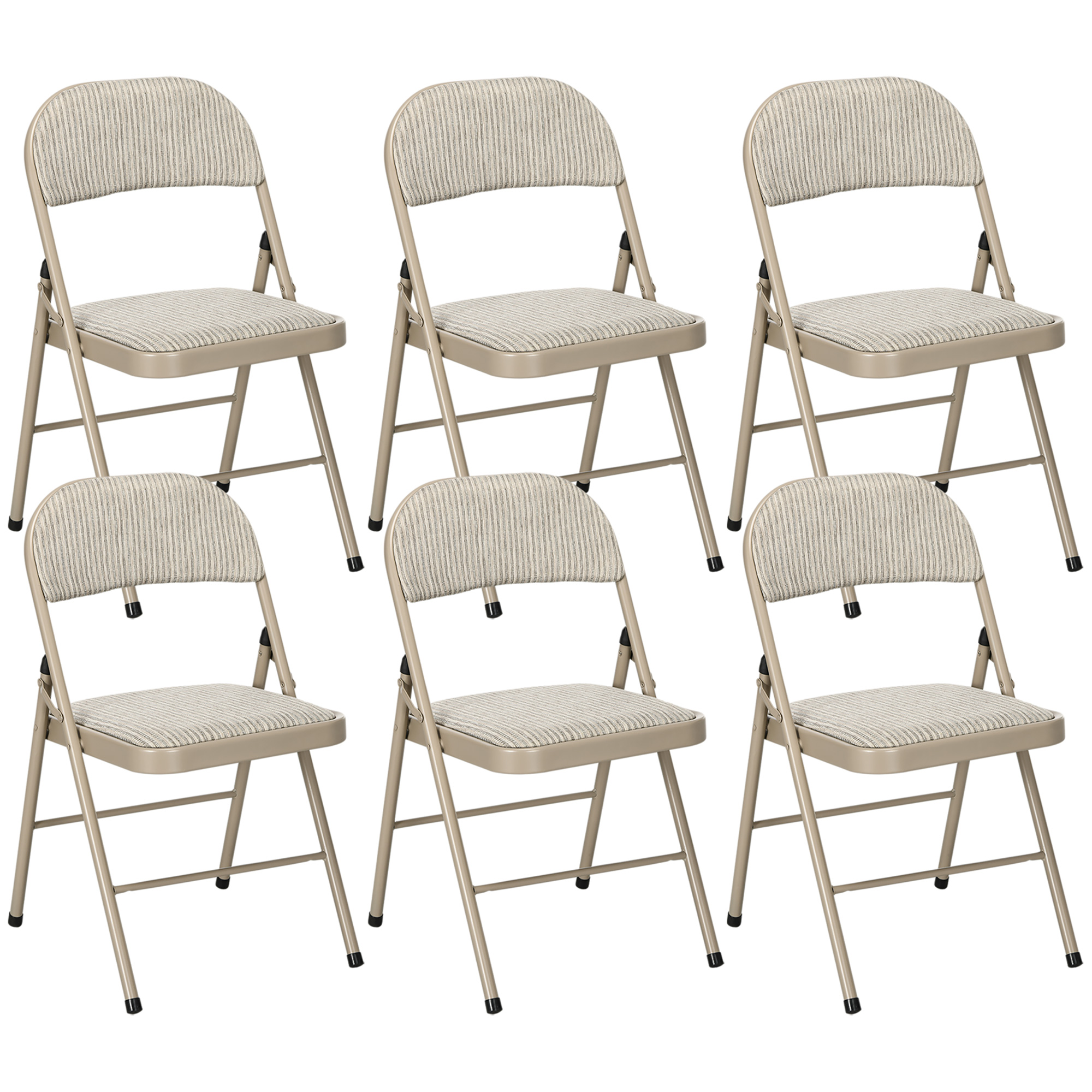 Sei sedie pieghevoli beige con imbottitura a righe disposte fianco a fianco.