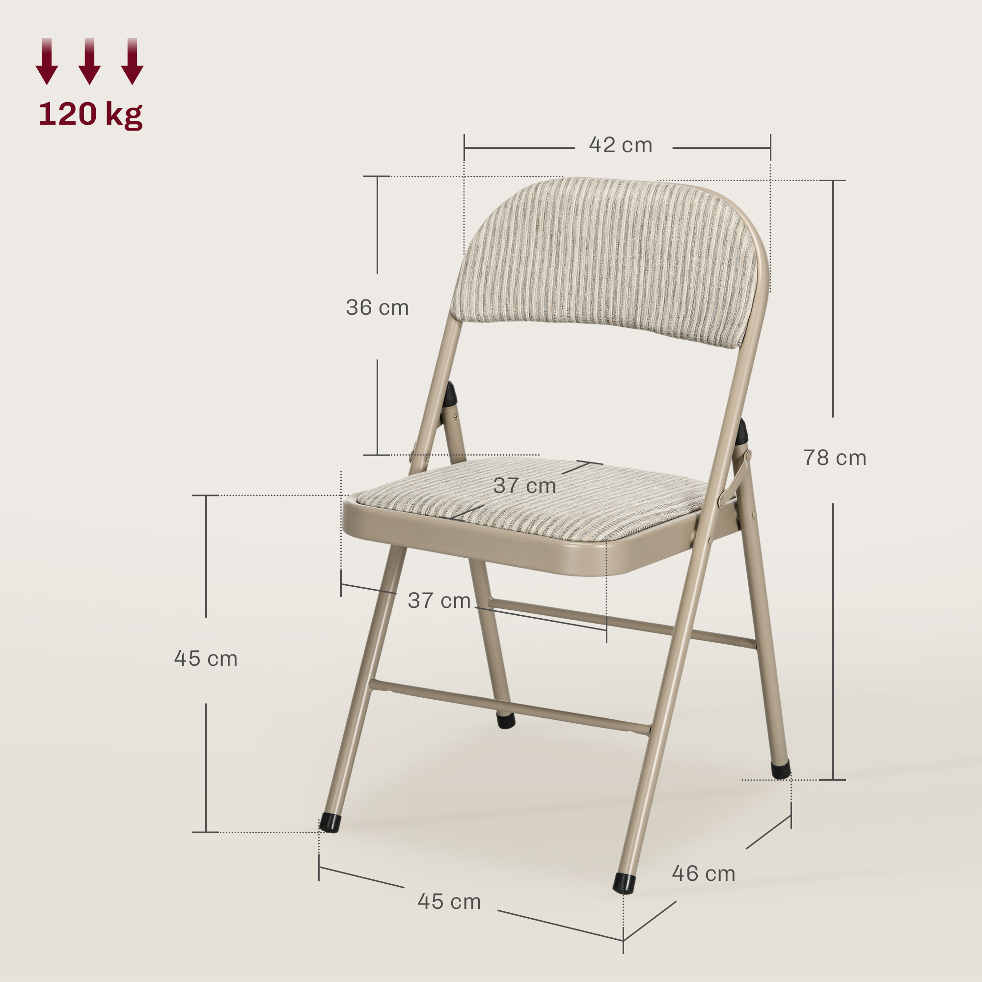 Una sedia pieghevole beige con sedile e schienale imbottiti. Le dimensioni sono indicate.