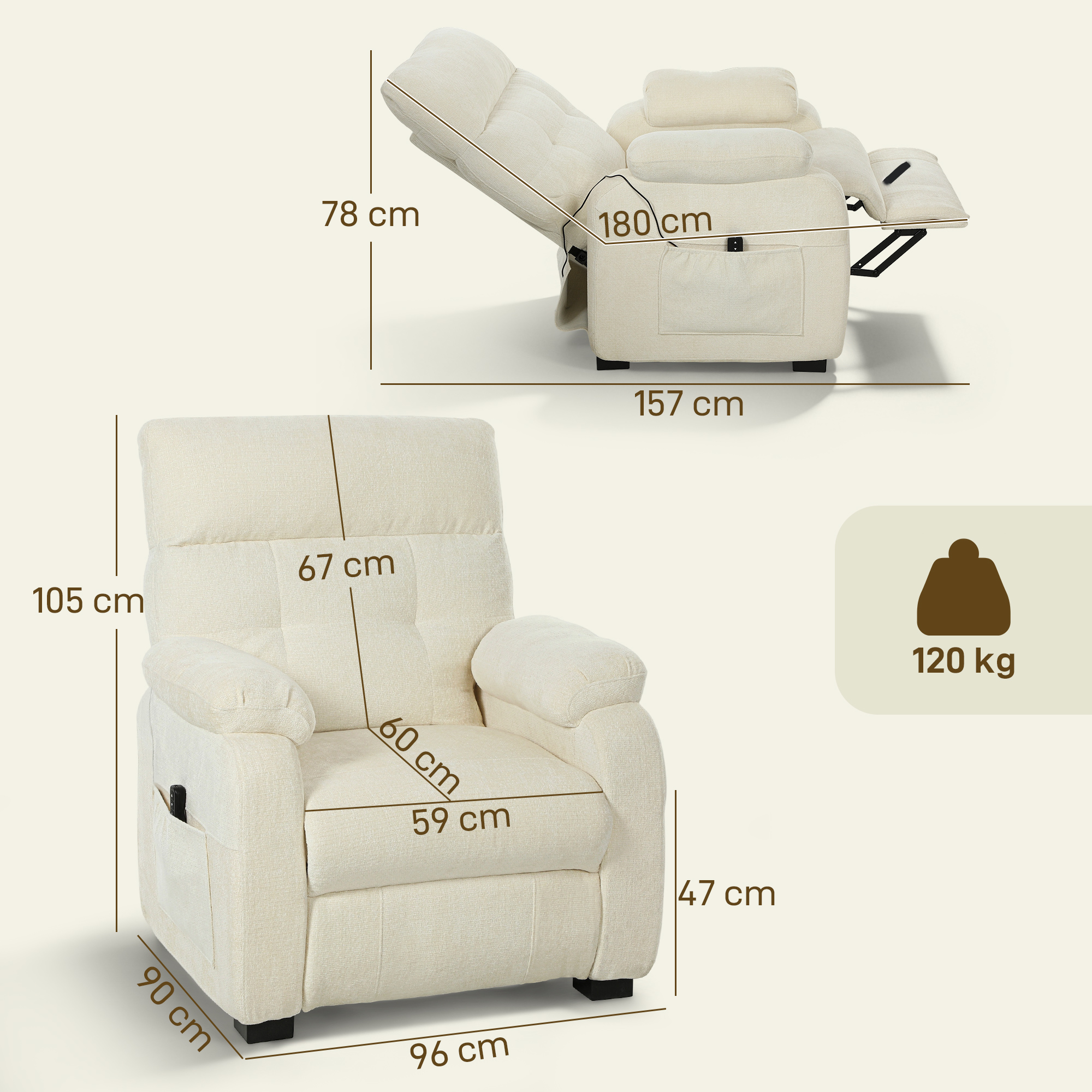 Una poltrona beige con dimensioni e indicatore di peso.