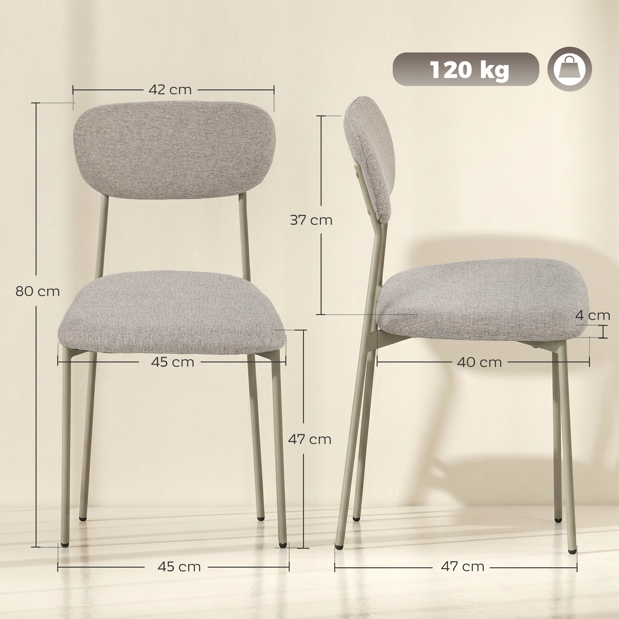 Sedia grigia con dimensioni: 80cm altezza, 42cm larghezza, 45cm profondità. Portata 120kg.