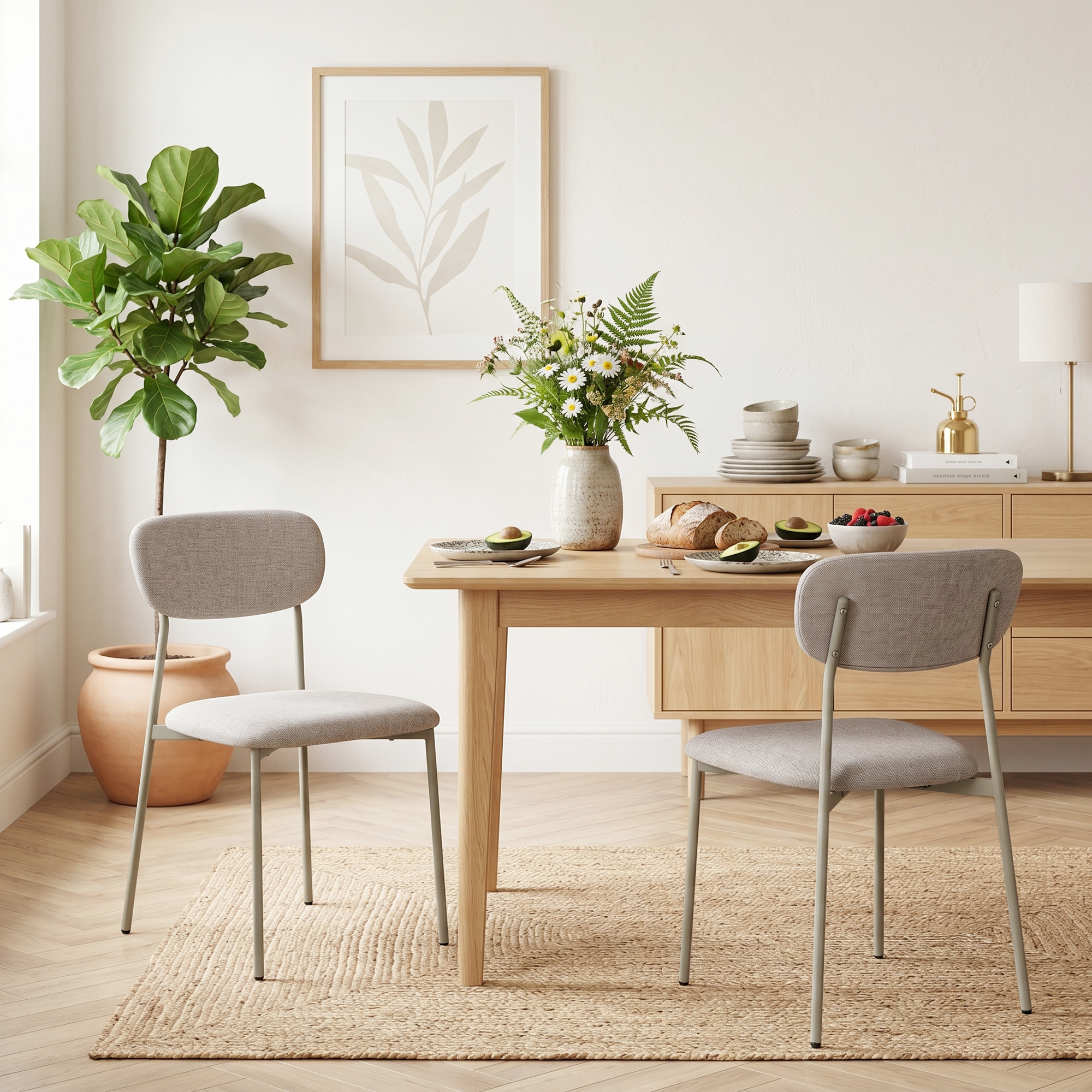 Un tavolo da pranzo in legno con due sedie, un vaso di fiori e una grande pianta in vaso.