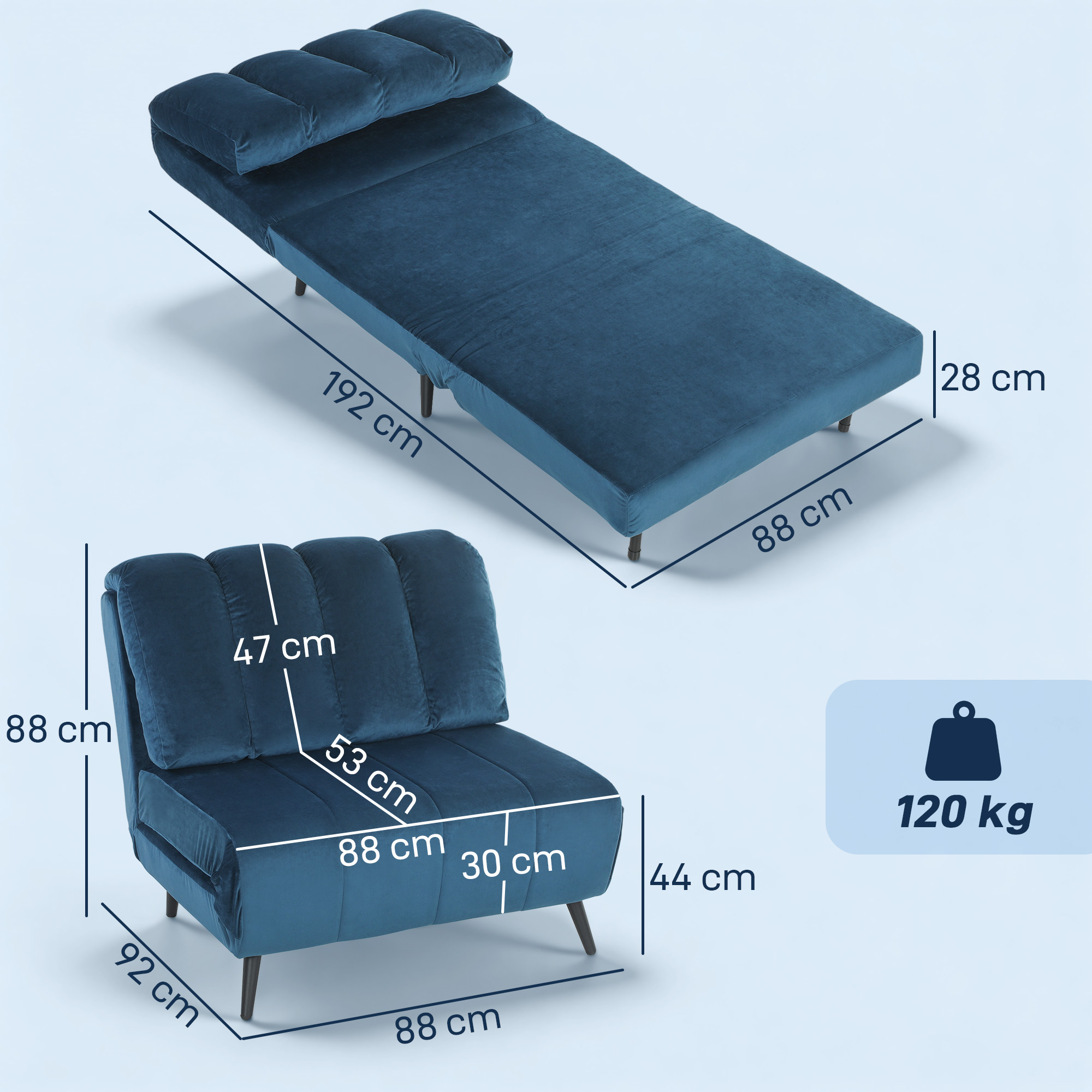 Poltrona blu, aperta a letto. Dimensioni indicate.