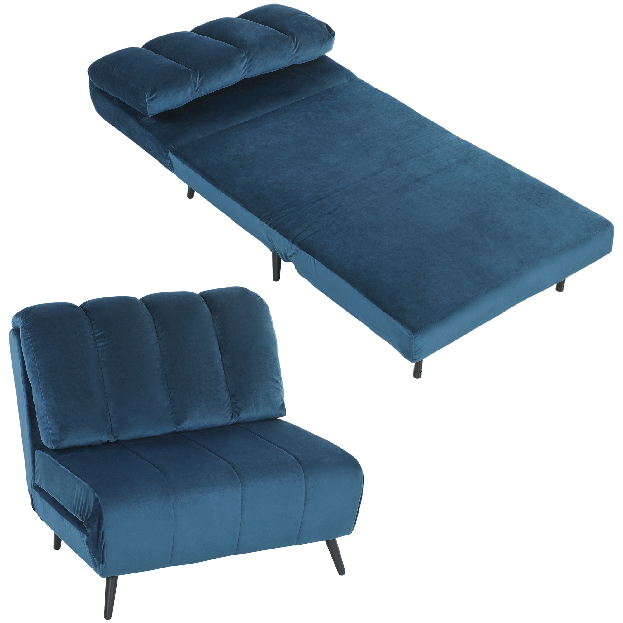 Un divano letto in velluto blu, mostrato sia aperto che come poltrona.
