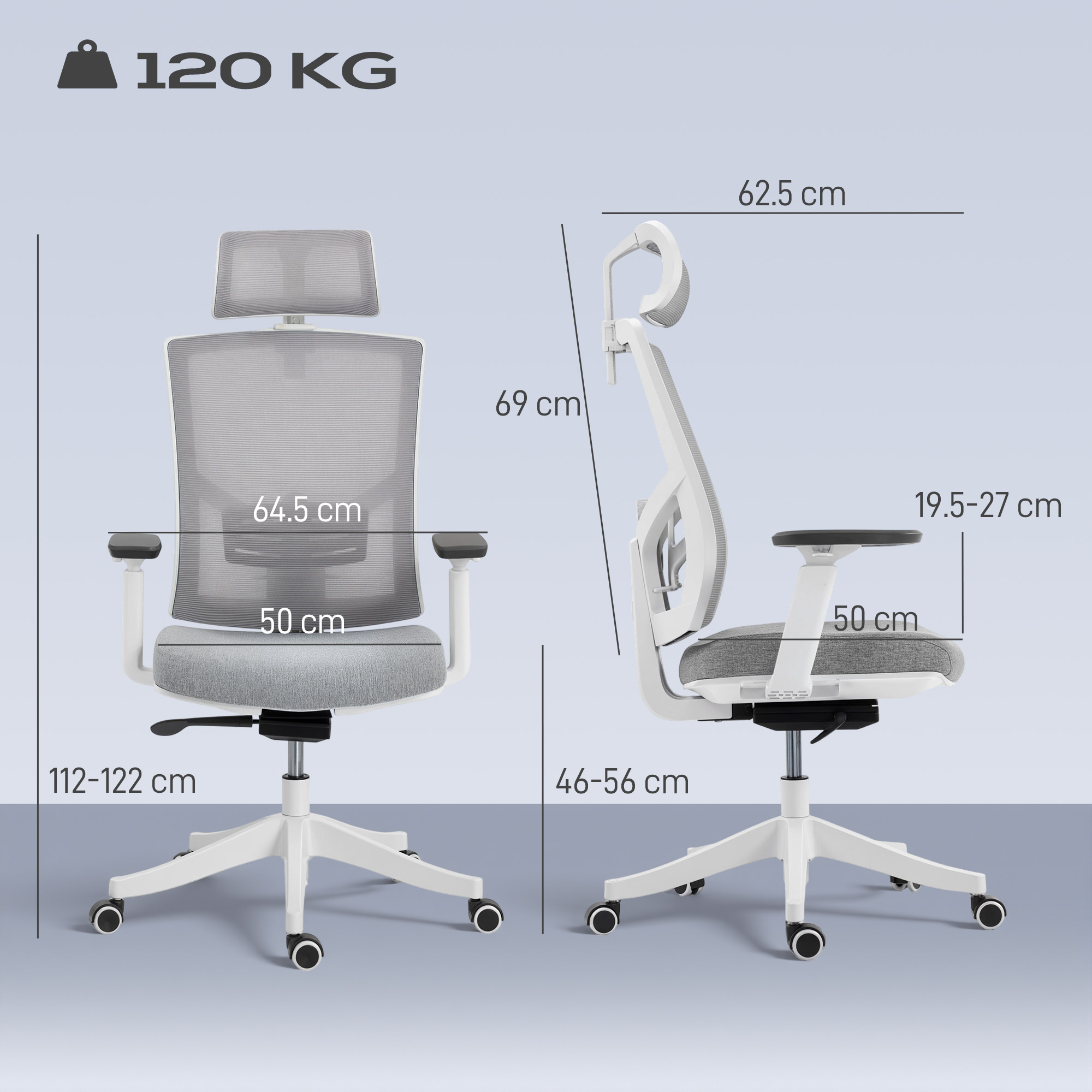 Sedia da ufficio in rete bianca e grigia con dimensioni: 120 kg max, altezza 112-122 cm.