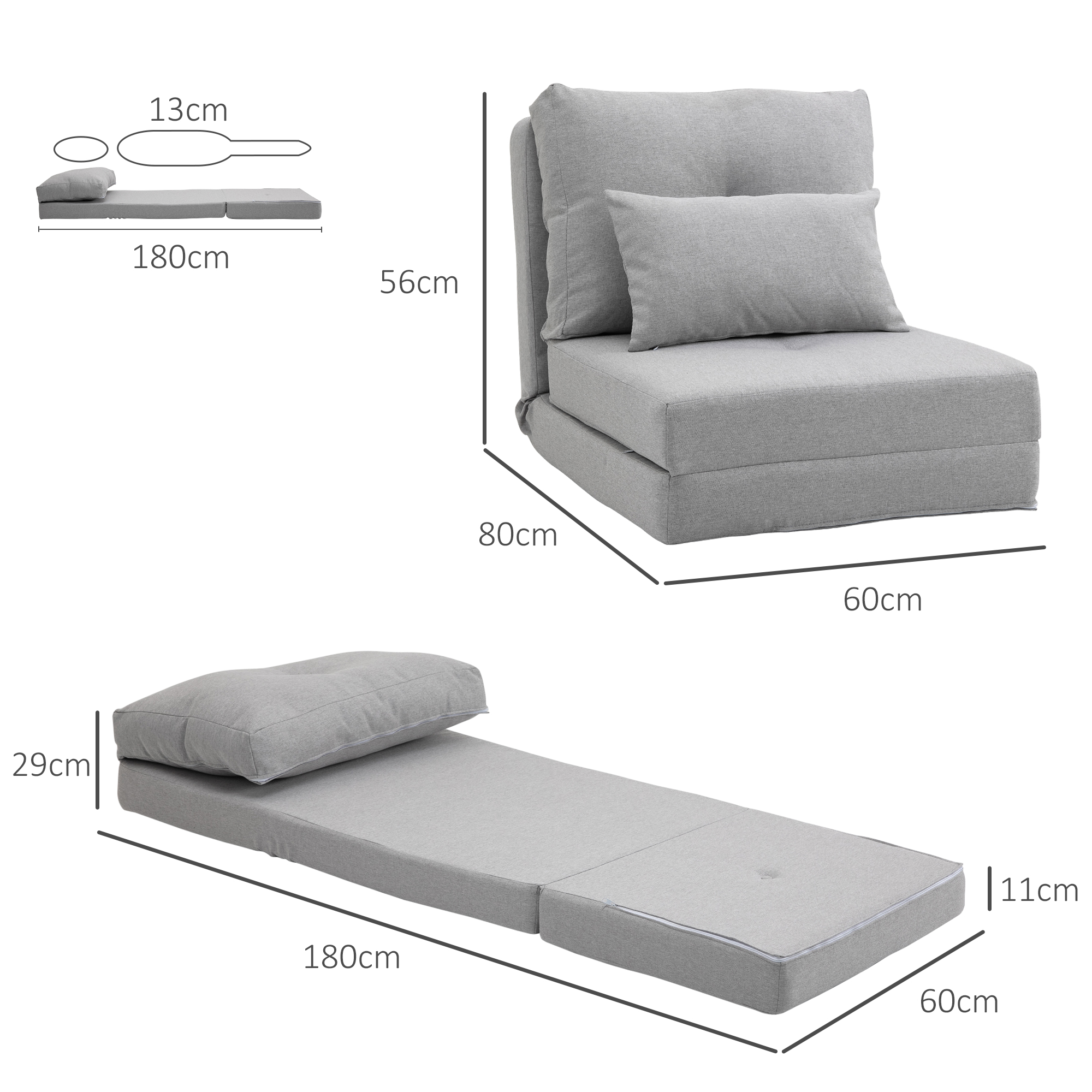 Divano letto grigio piegato (80x60cm) e aperto (180x60cm), con dimensioni.