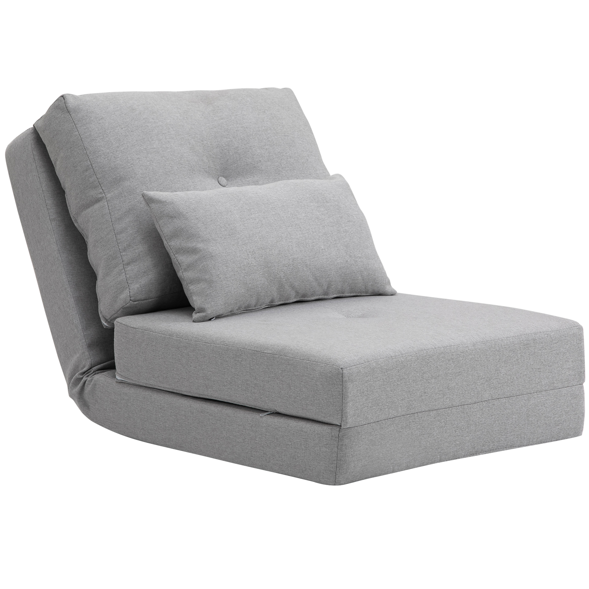 Un divano letto grigio con un piccolo cuscino sul sedile.