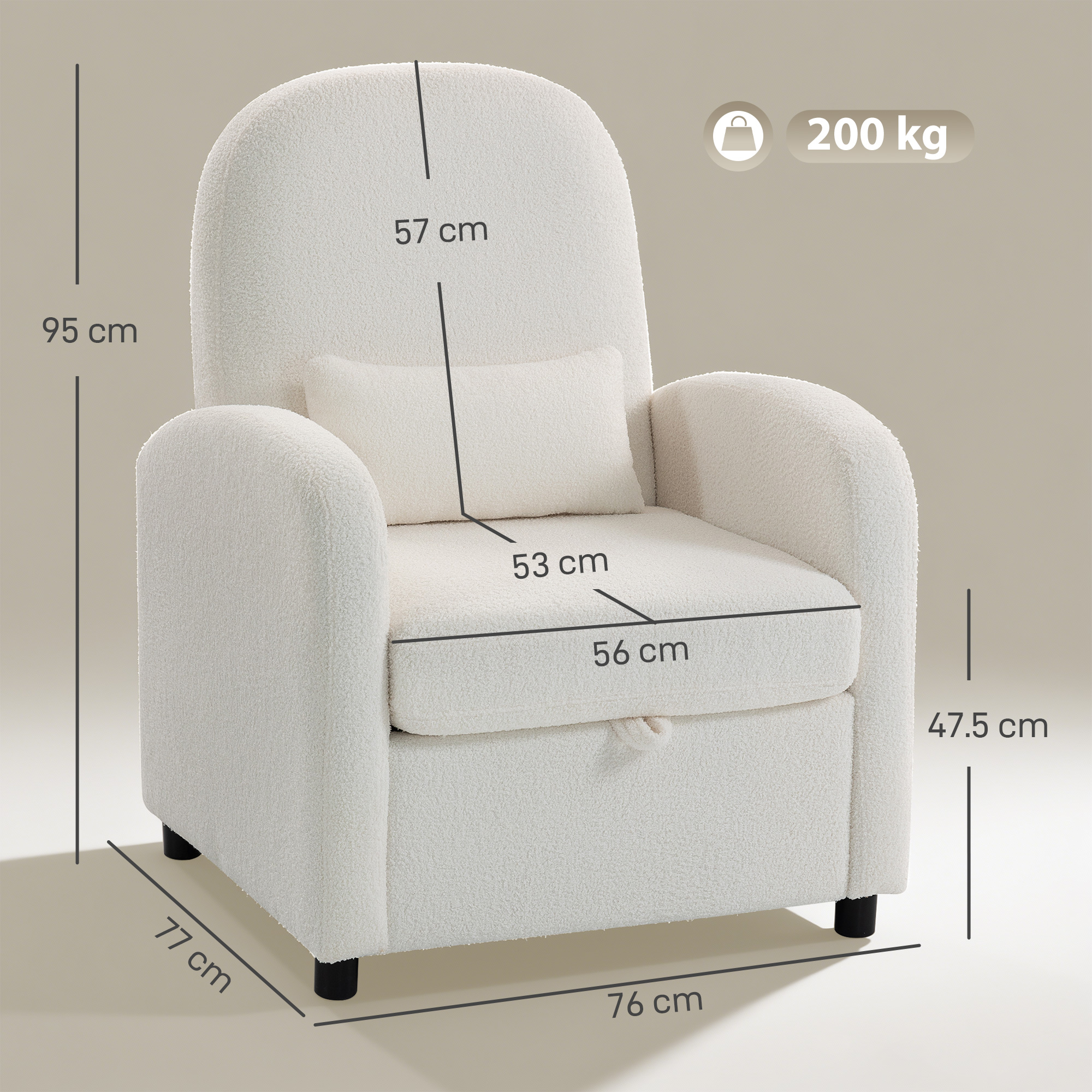 Una poltrona bianca con dimensioni e capacità di 200 kg.