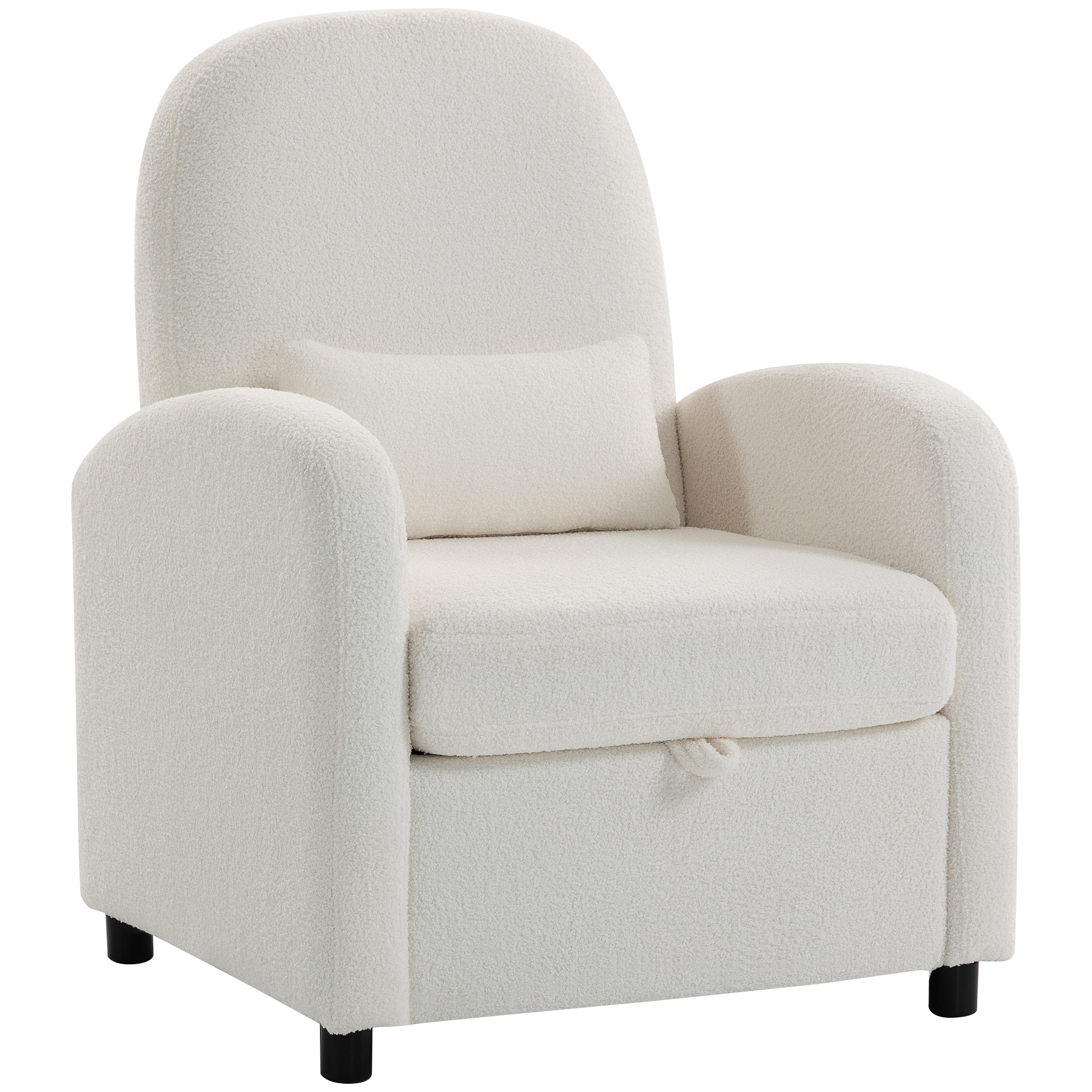 Una poltrona color crema in tessuto teddy con gambe nere e un cuscino.