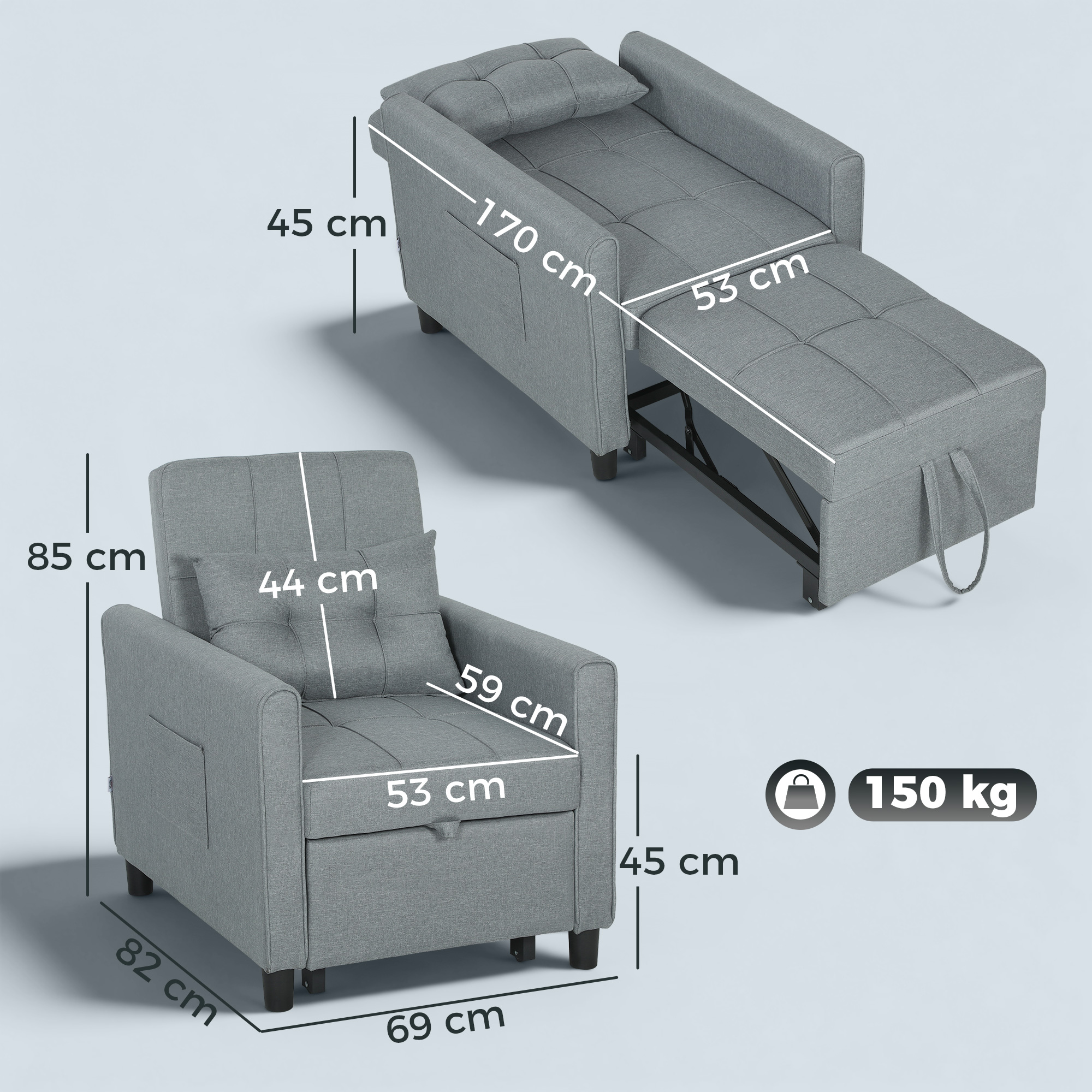 Poltrona letto grigia con dimensioni e limite di peso di 150 kg.