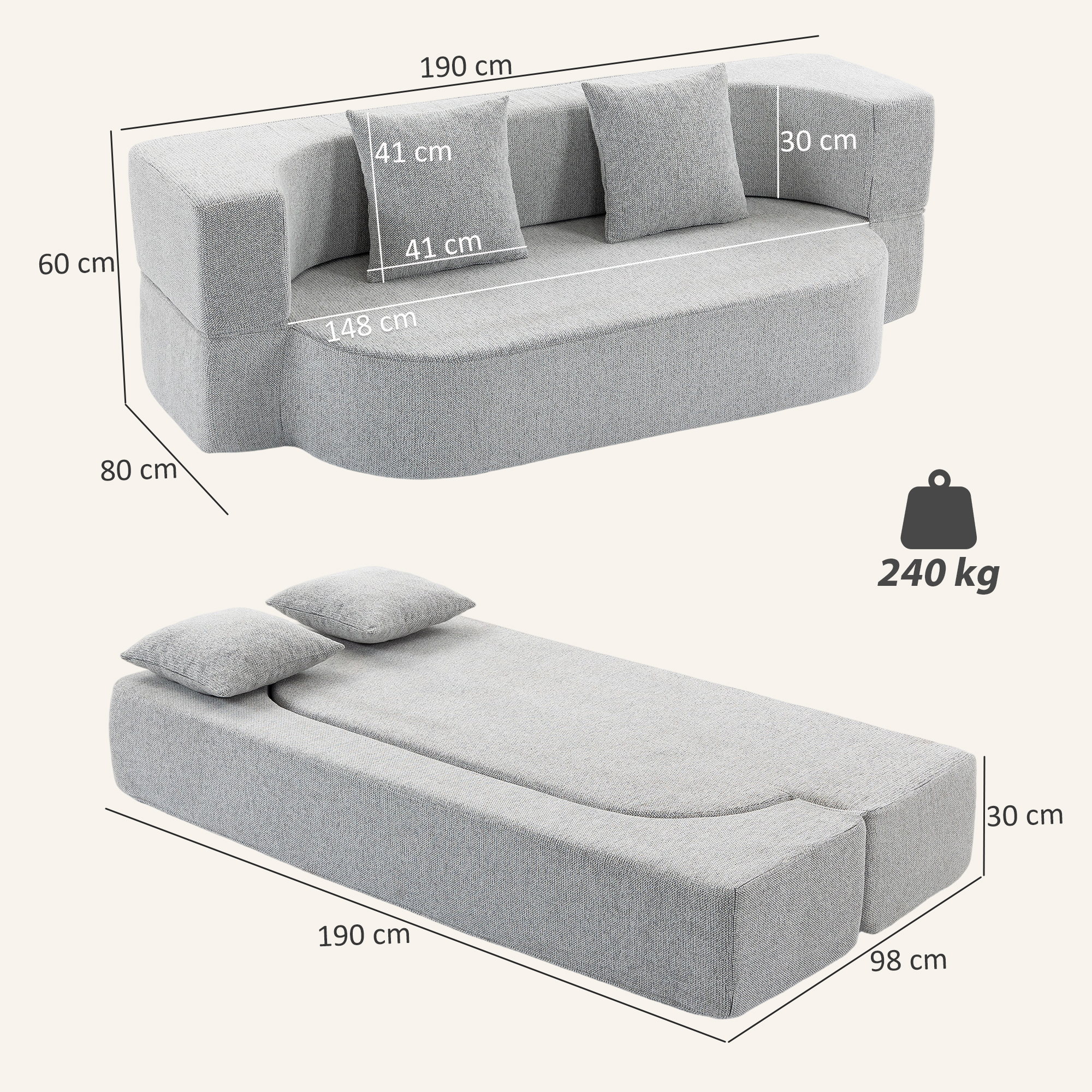 Divano grigio dimensioni: 190x80x60cm, esteso 190x98x30cm, 240kg.