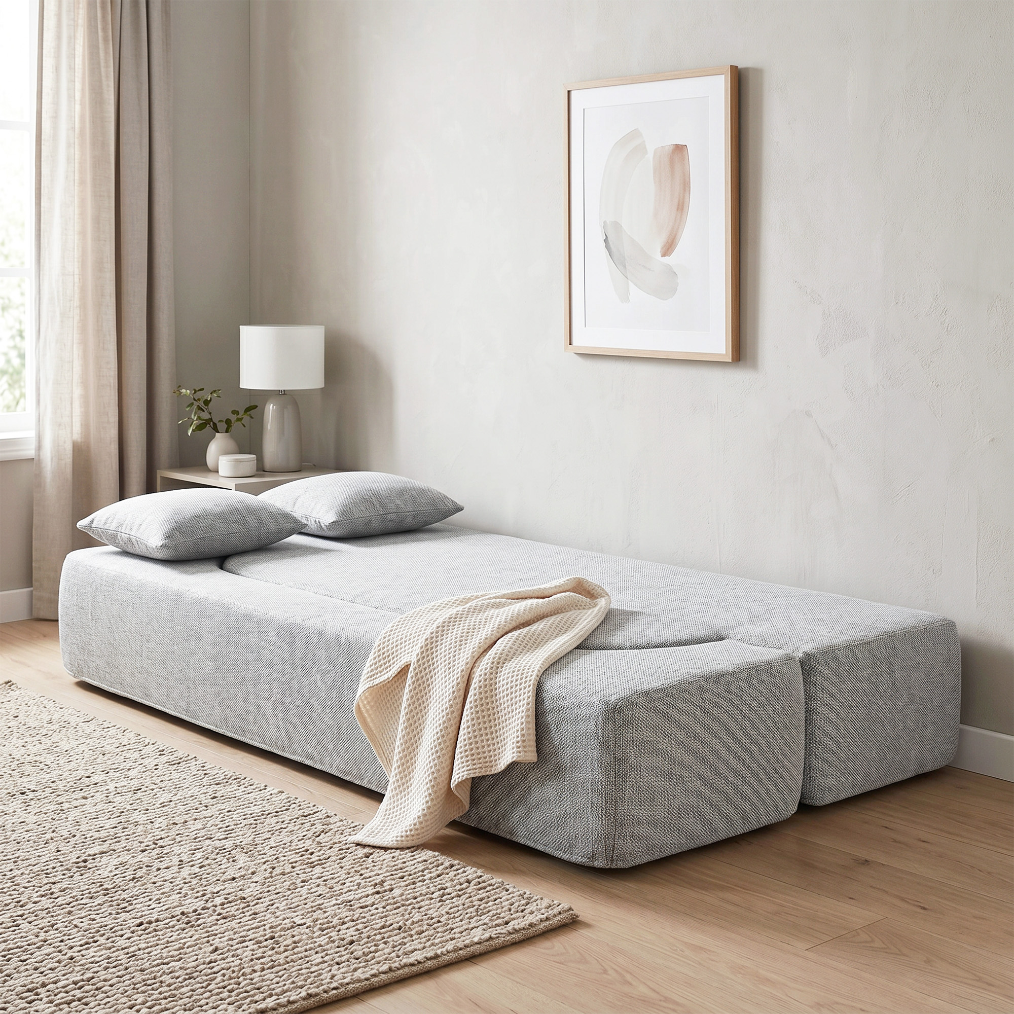 Un divano letto modulare grigio chiaro con due cuscini e una coperta color crema, accanto a un tavolino.