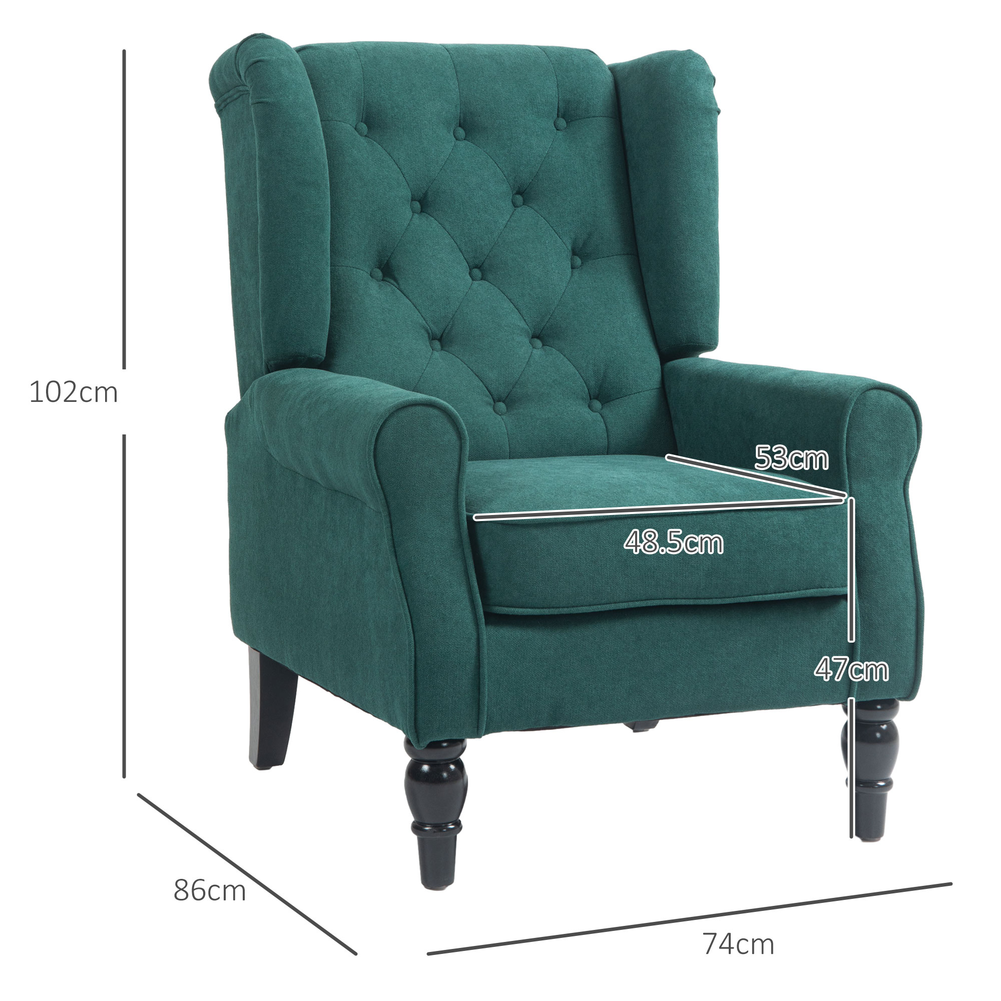 Una poltrona verde intenso con bottoni e dimensioni. Gambe nere.