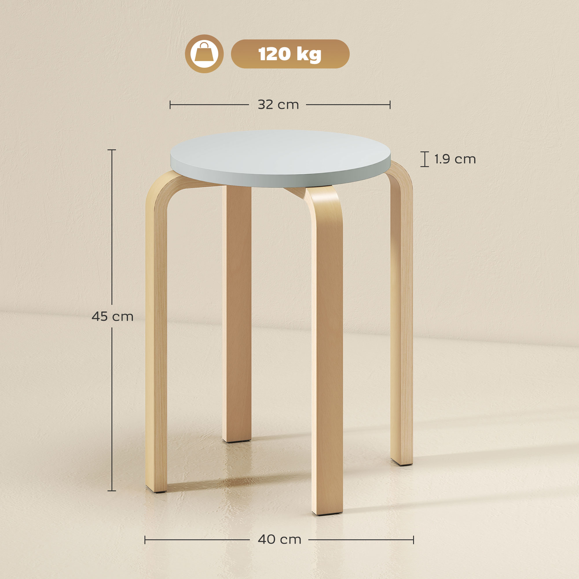 Sgabello leggero con seduta rotonda grigio chiaro e quattro gambe in legno. Capacità 120 kg.