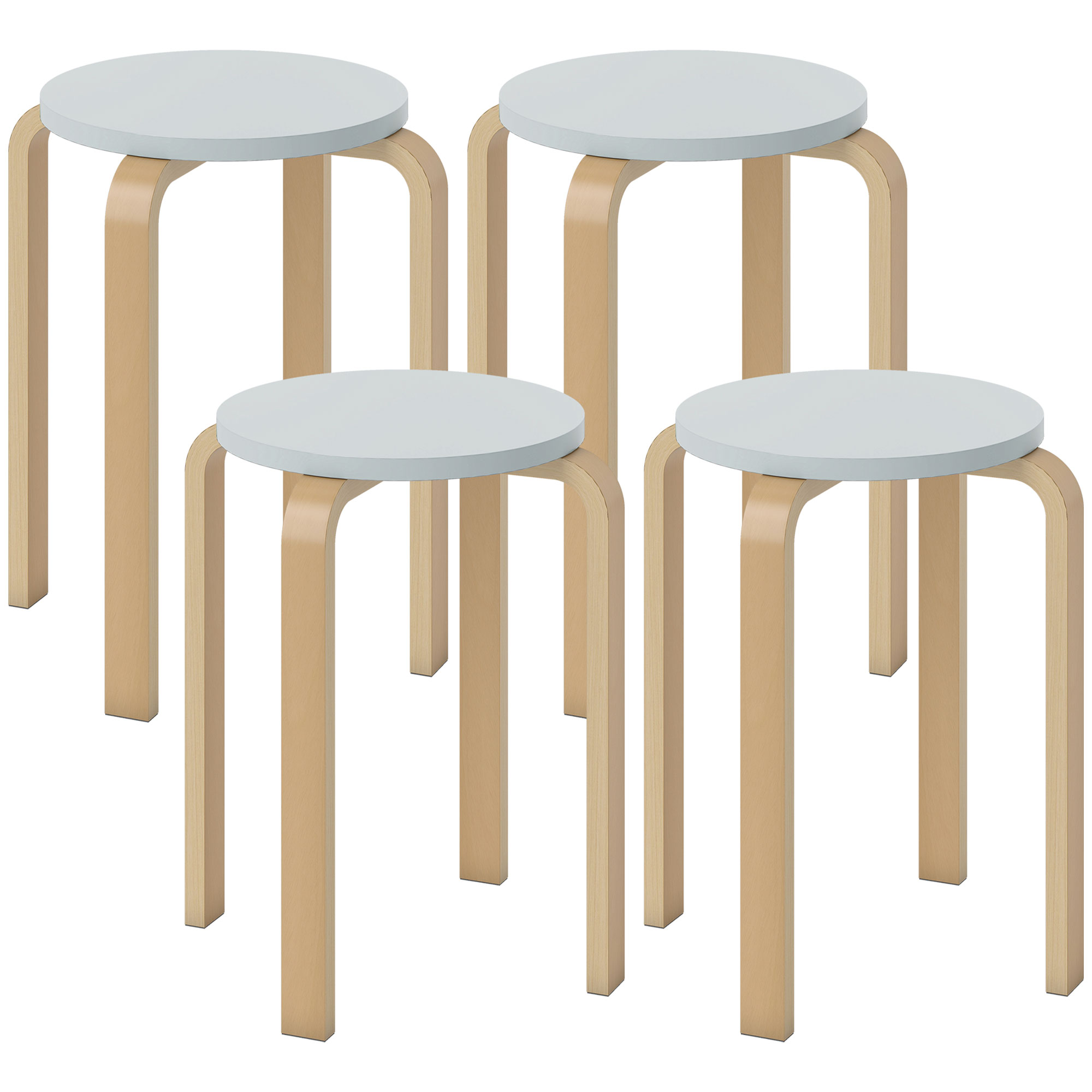 Quattro sgabelli chiari con sedute rotonde grigio chiaro e gambe in legno curvato.