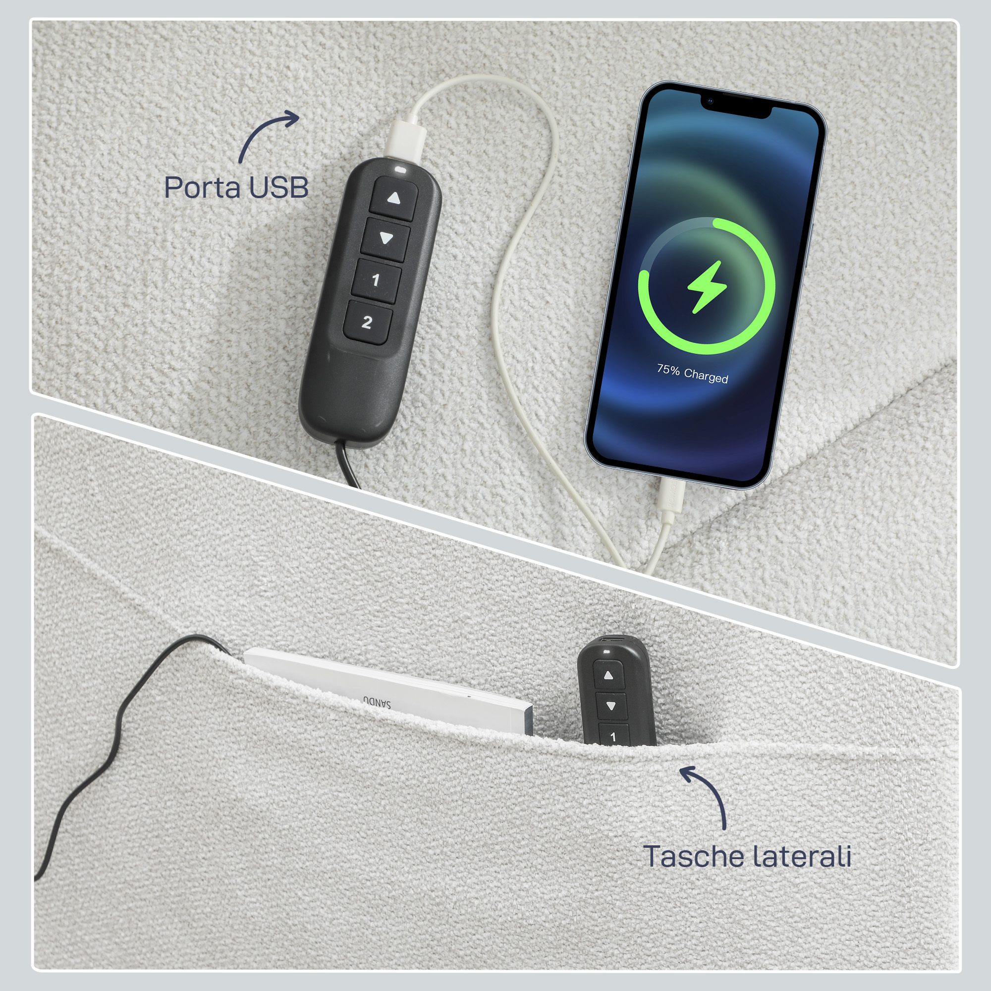 Uno smartphone si carica tramite un cavo USB collegato a un telecomando.