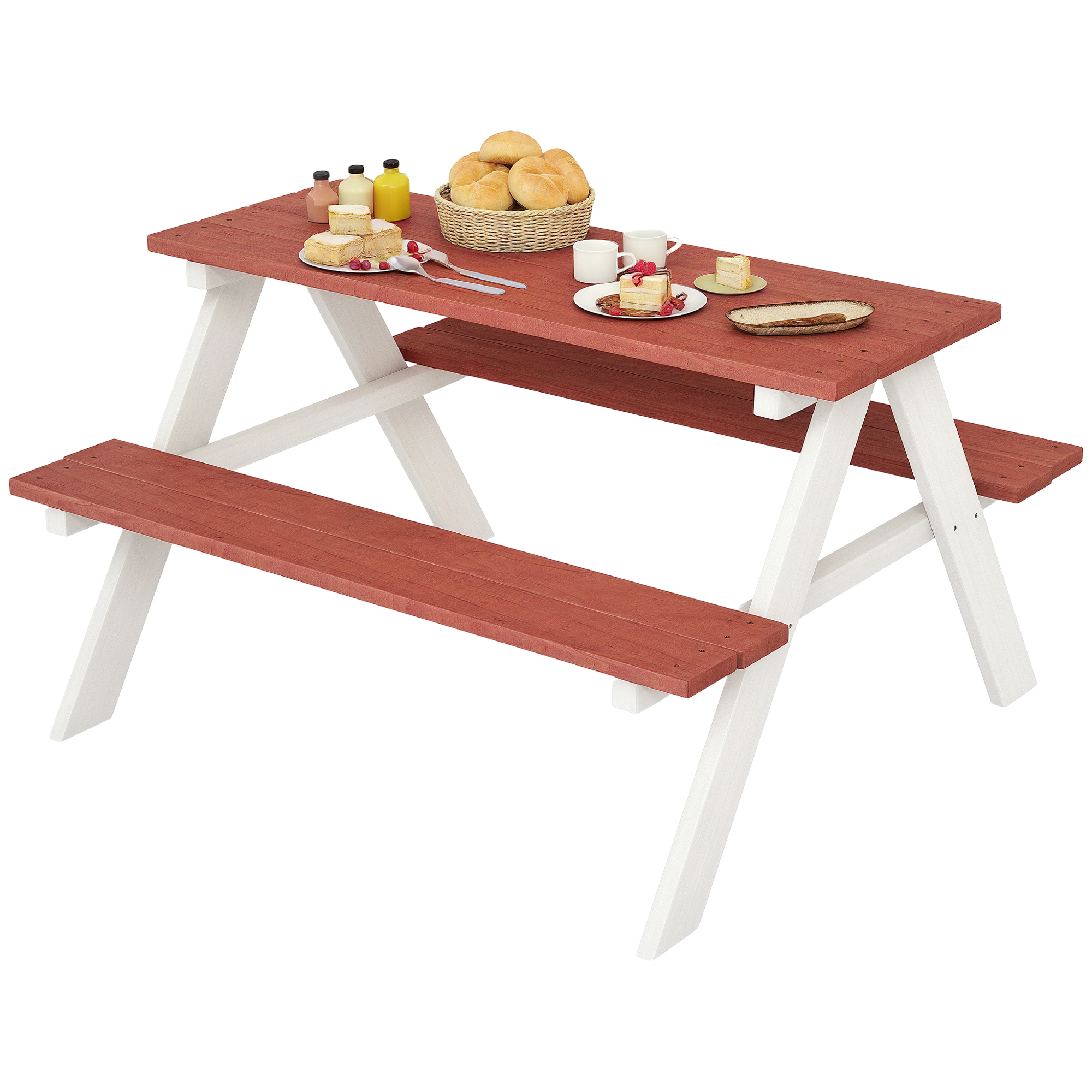 Un tavolo da picnic rosso e bianco carico di cibo, tra cui panini, torte e bevande.