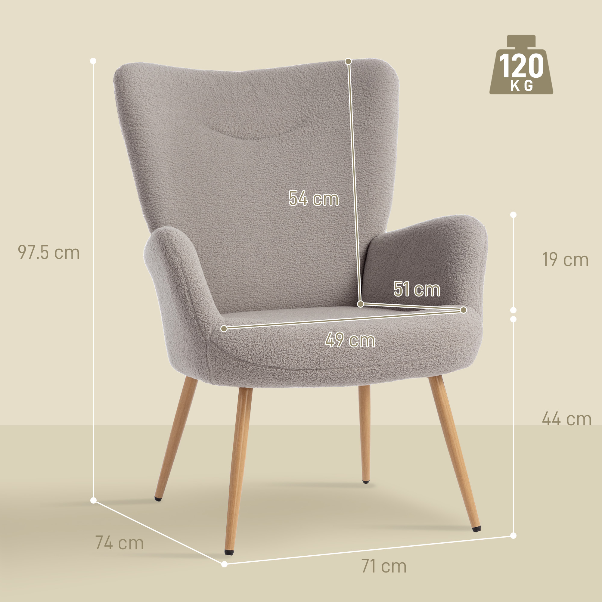 Poltrona grigia in tessuto teddy con gambe in legno, dimensioni indicate.