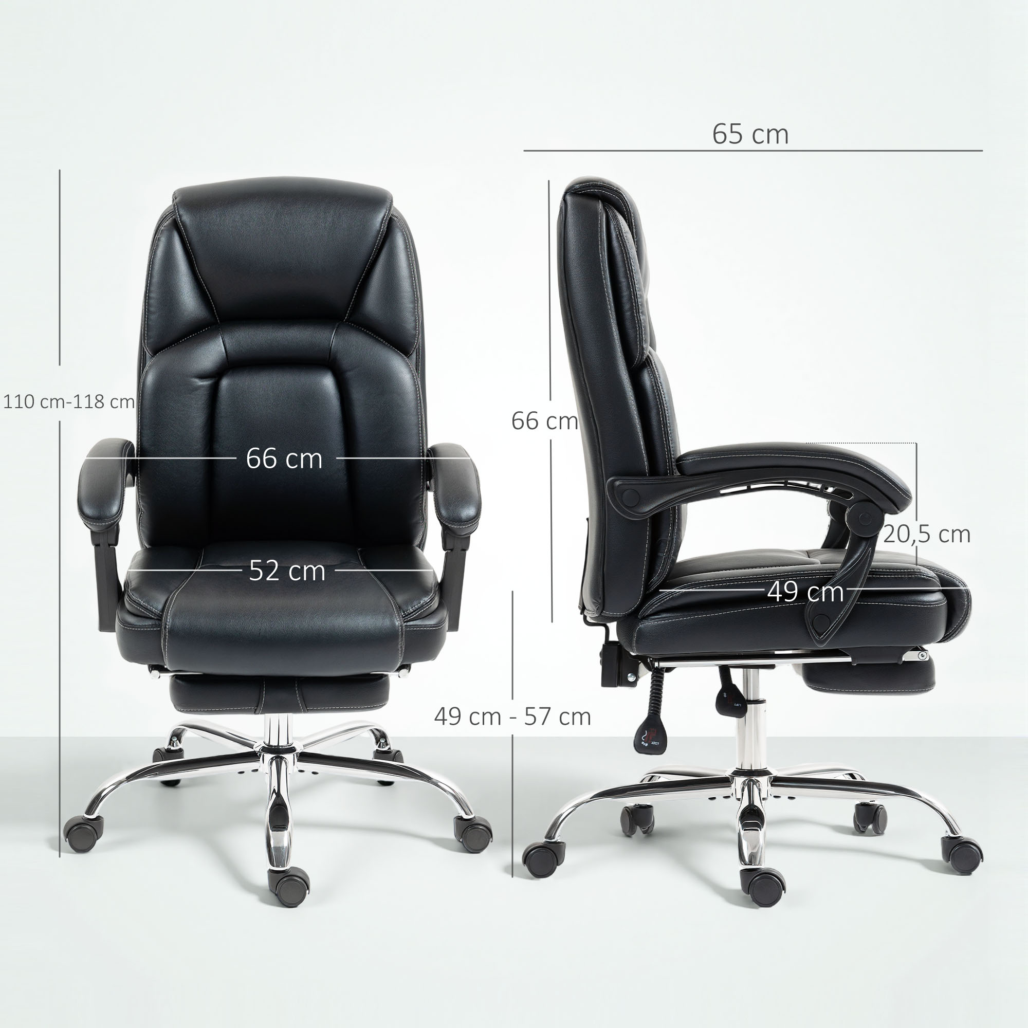 Sedia da ufficio nera con ruote, dimensioni indicate.