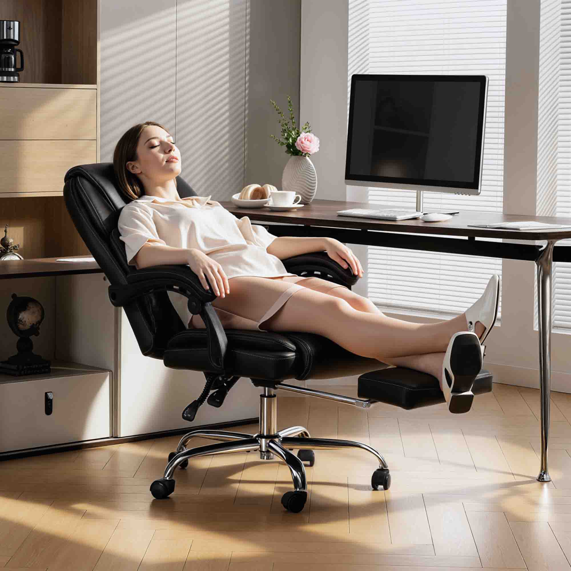 Una donna si riposa su una sedia da ufficio con poggiapiedi esteso.