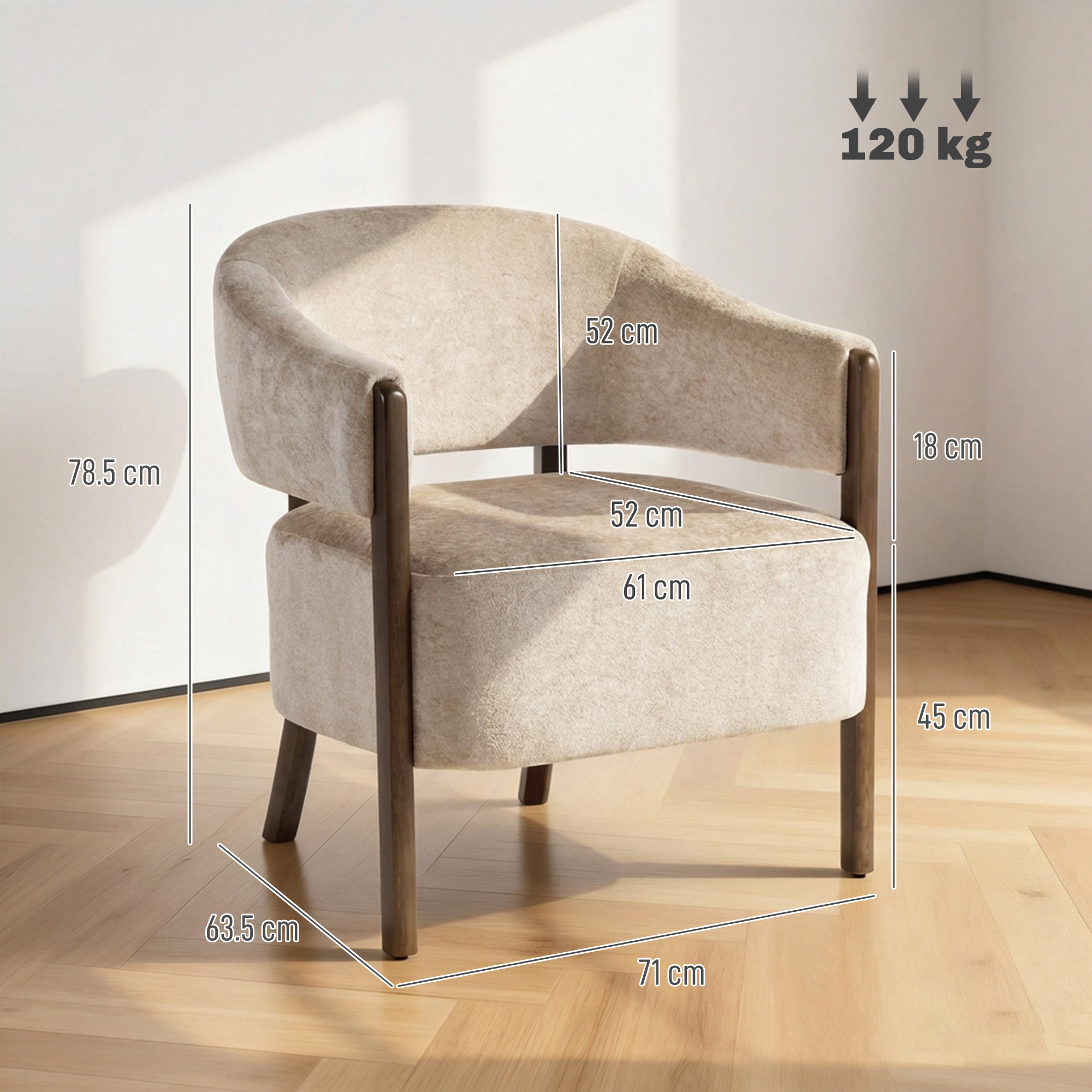 Una poltrona beige con gambe in legno, dimensioni indicate. Carico max 120 kg.
