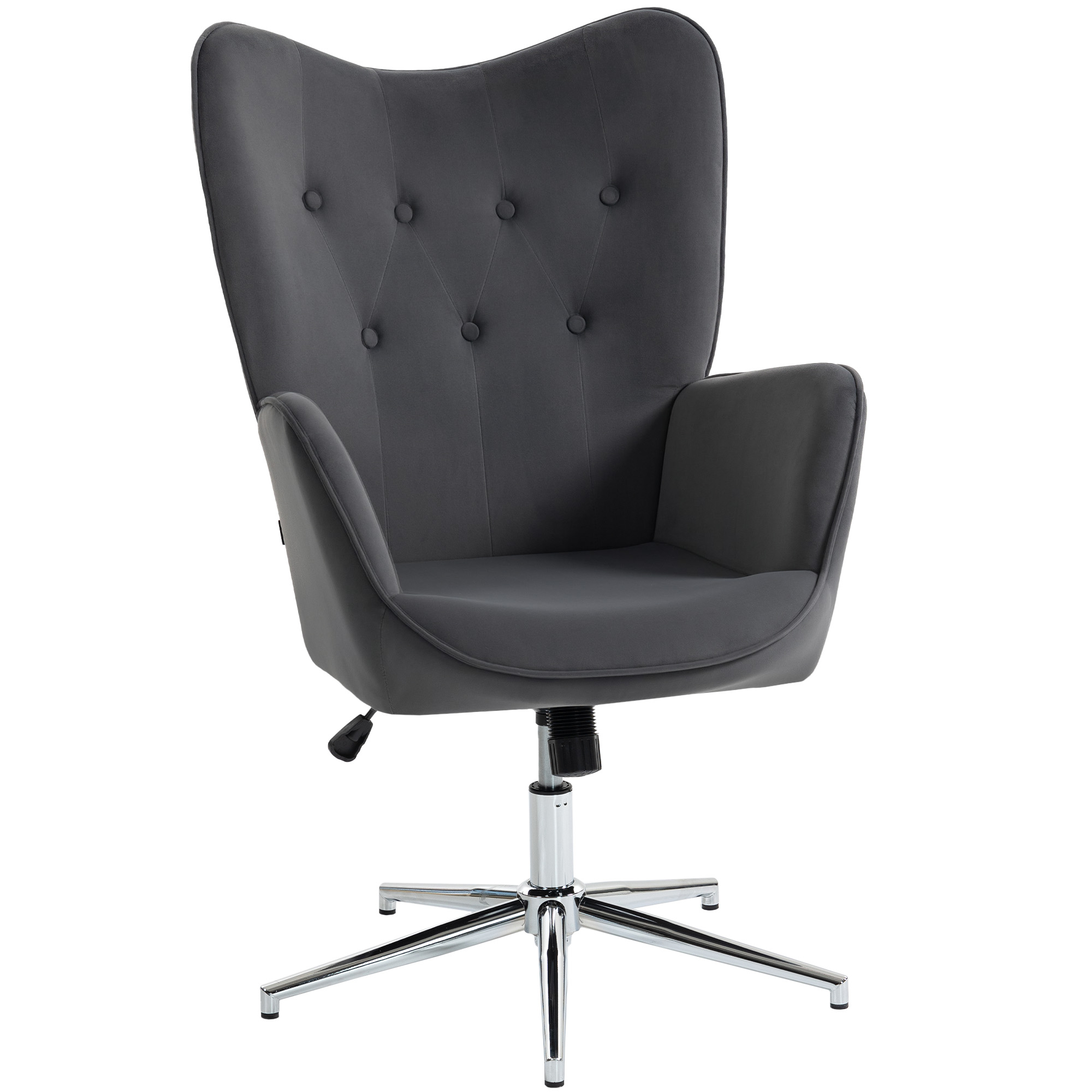 Una sedia da ufficio grigio scuro con schienale alto, bottoni e base cromata.