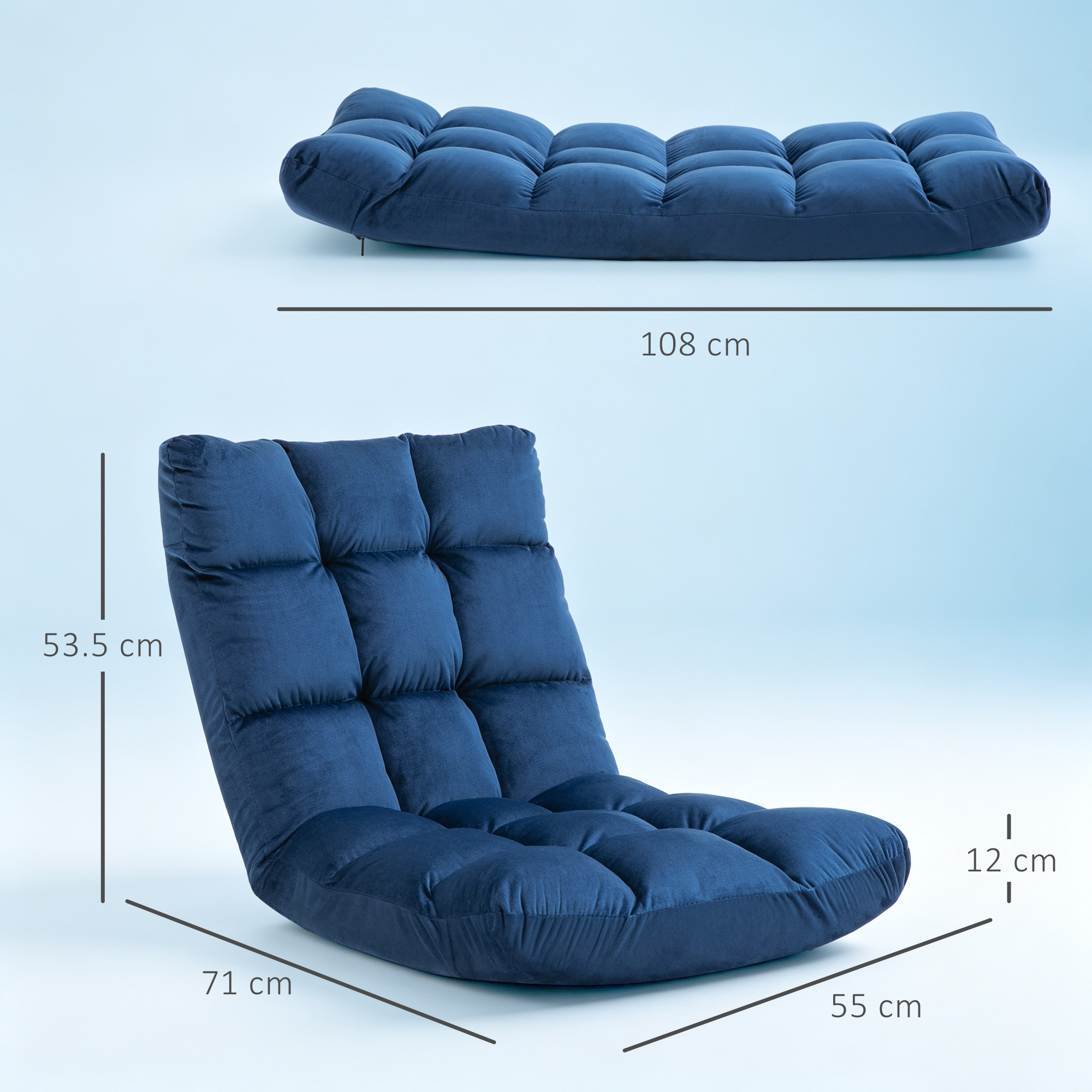 Una sedia da terra blu scuro con cuscini trapuntati, dimensioni indicate.