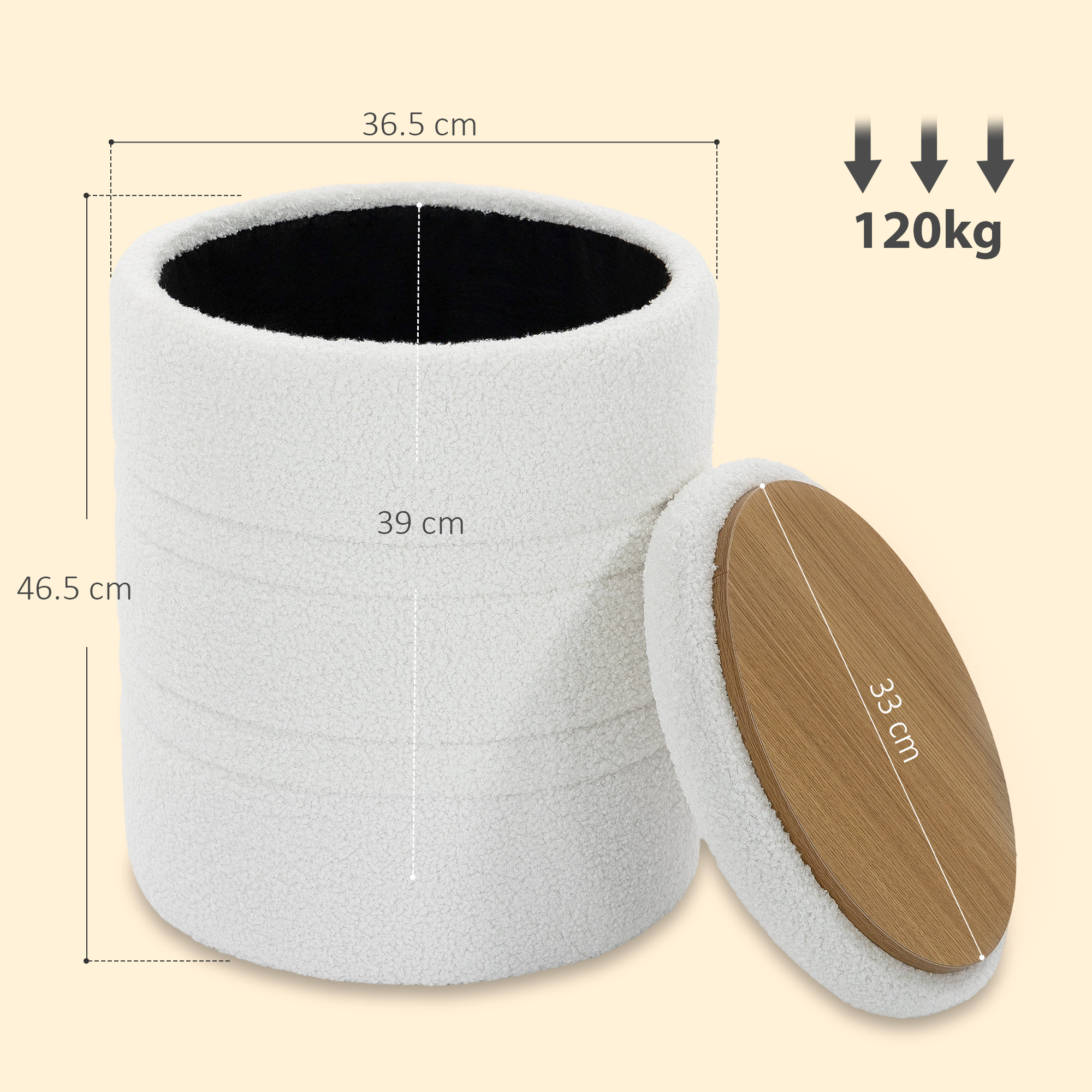Pouf bianco teddy con coperchio in legno. Dimensioni 46,5x36,5x39 cm, carico 120kg.
