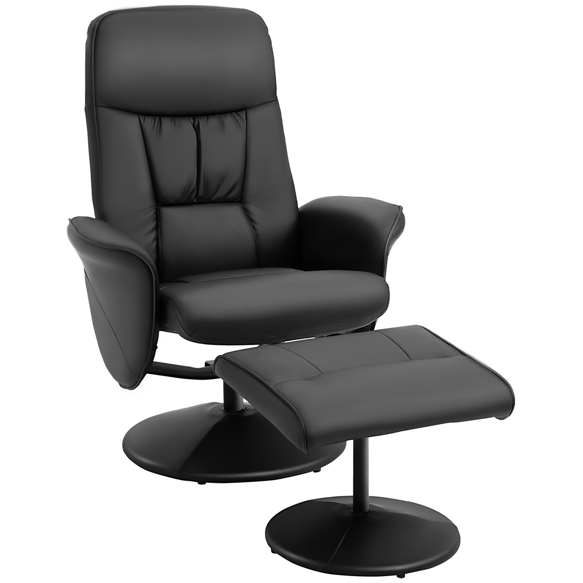 Una poltrona in pelle nera con pouf abbinato su sfondo bianco.