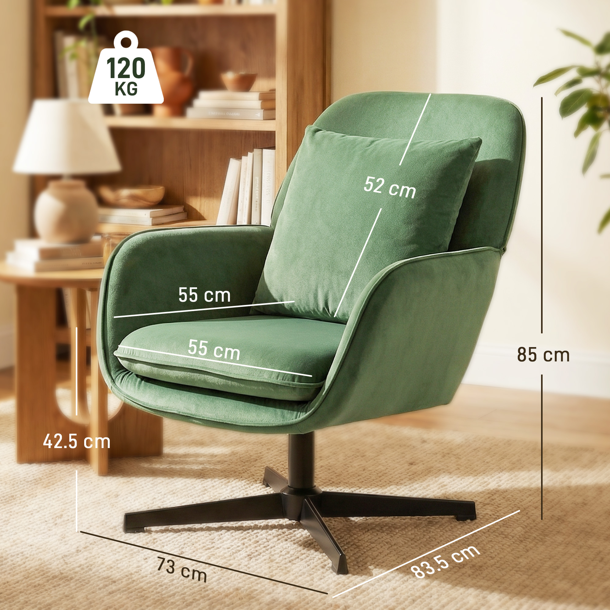 Poltrona verde con dimensioni: 85cm A, 73cm L, 83.5cm P. Capacità 120kg.