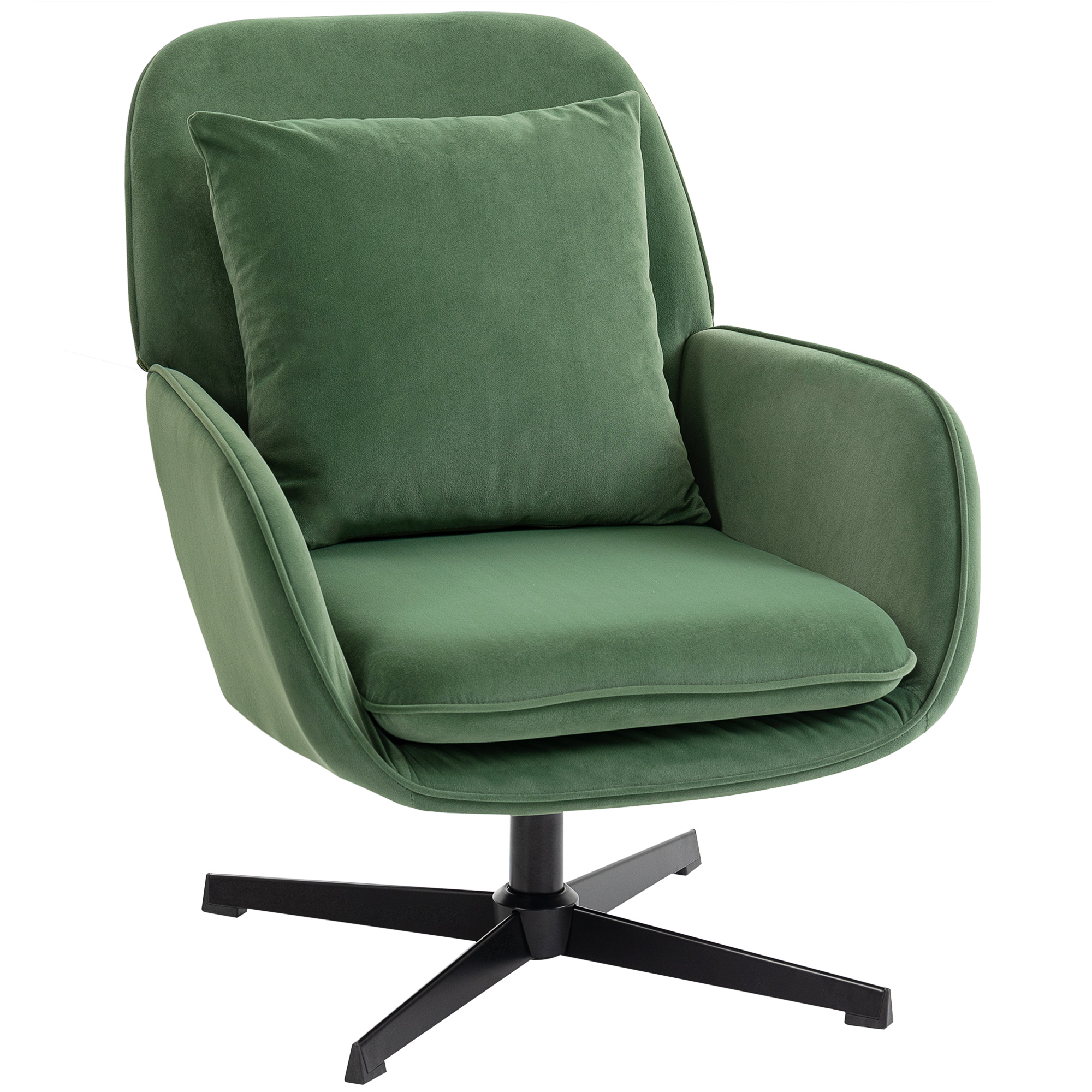 Una poltrona verde con base a stella nera e un cuscino.