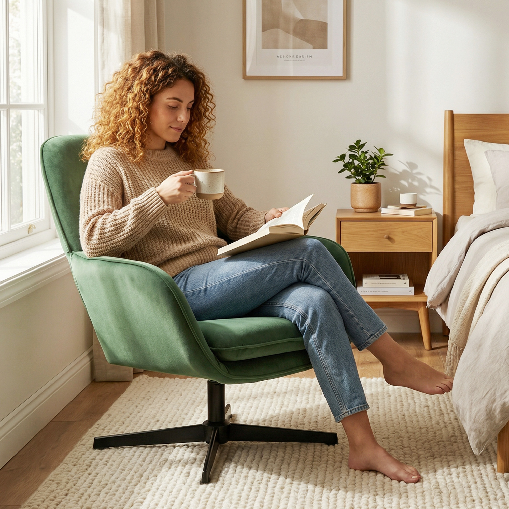 Donna in maglione beige legge libro in poltrona verde, tiene tazza.