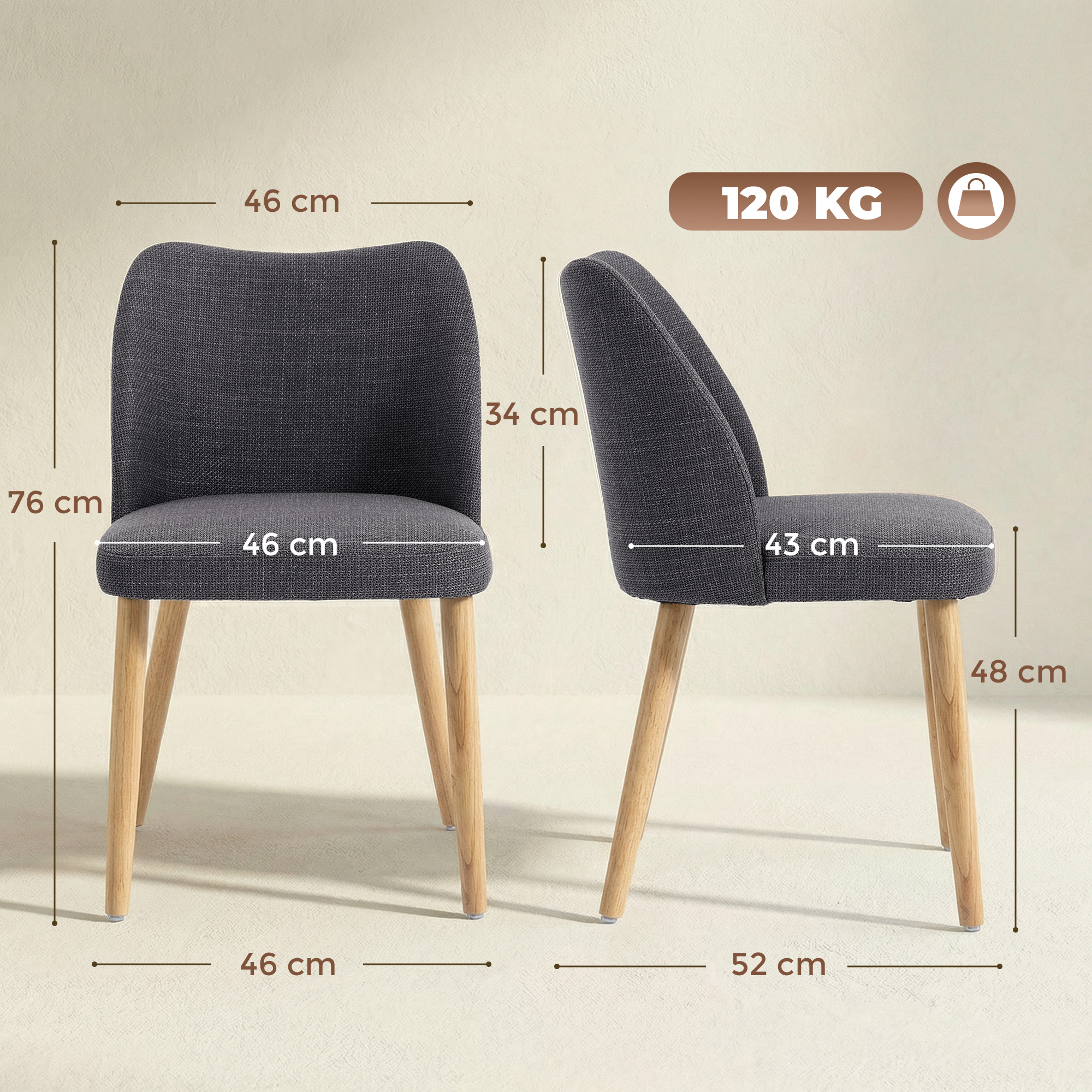 Sedia in tessuto grigio con gambe in legno, dimensioni indicate.