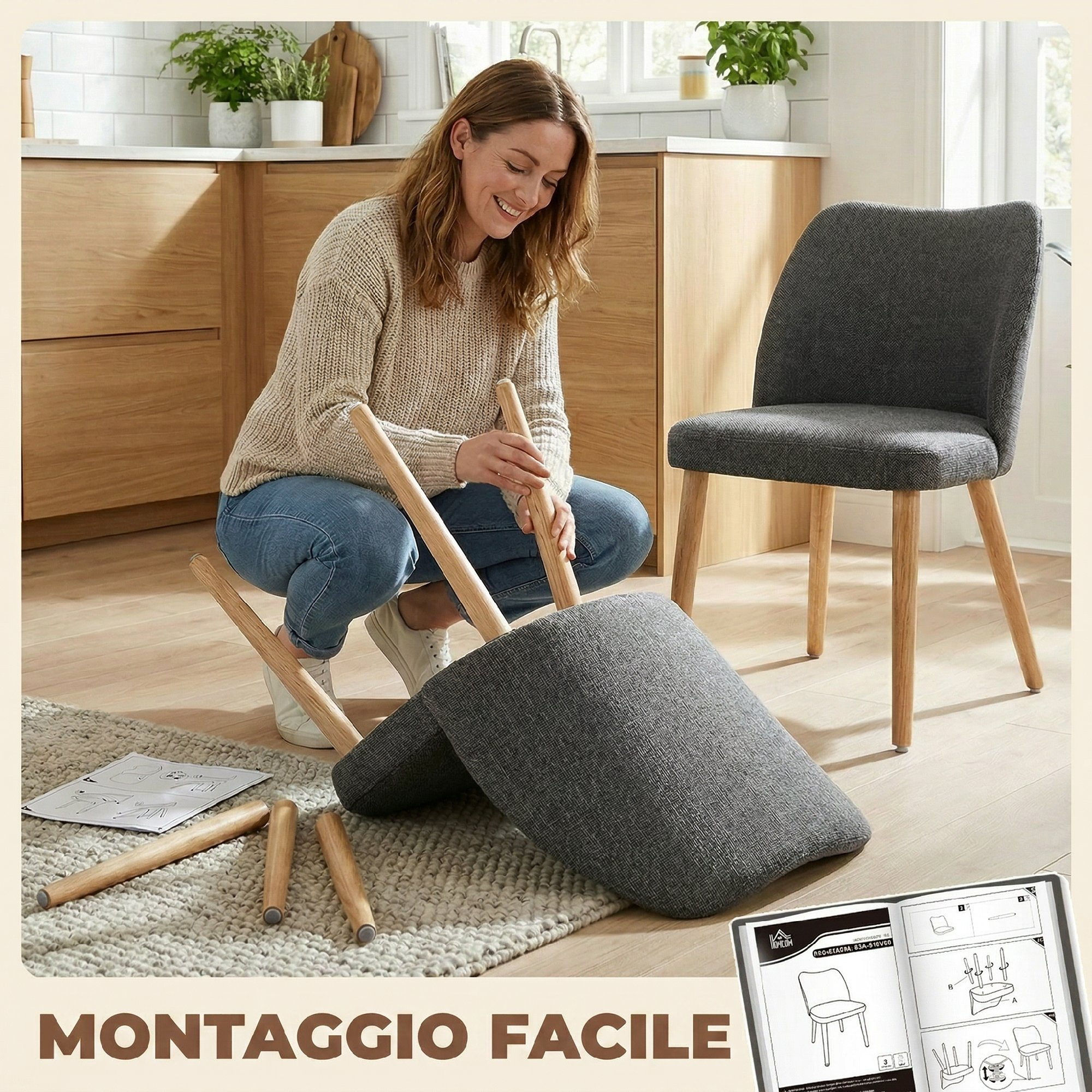 Una donna monta una sedia grigia in cucina. Gambe di legno sparse per terra.