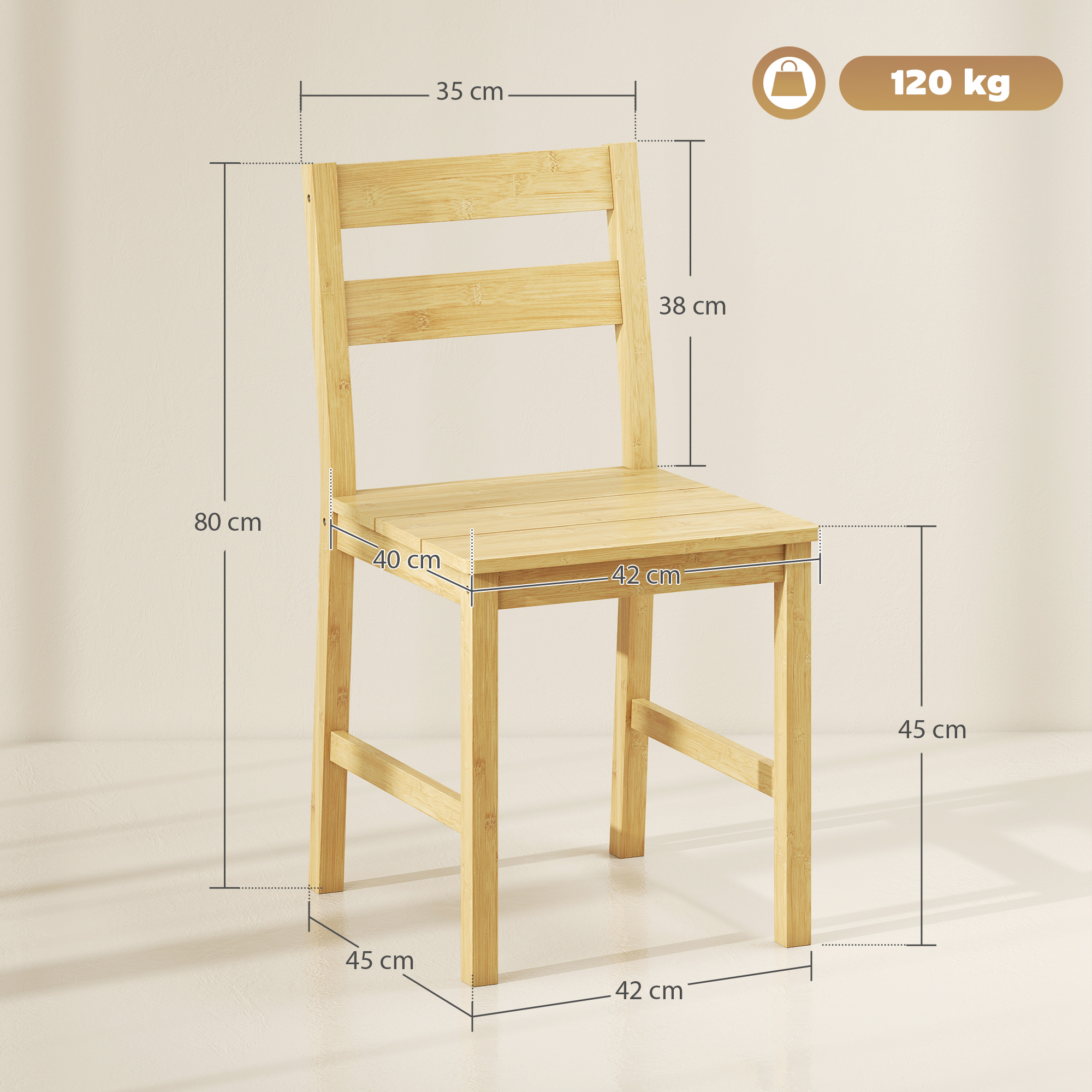 Una sedia in legno chiaro di 80x42x45 cm e capacità di 120 kg.