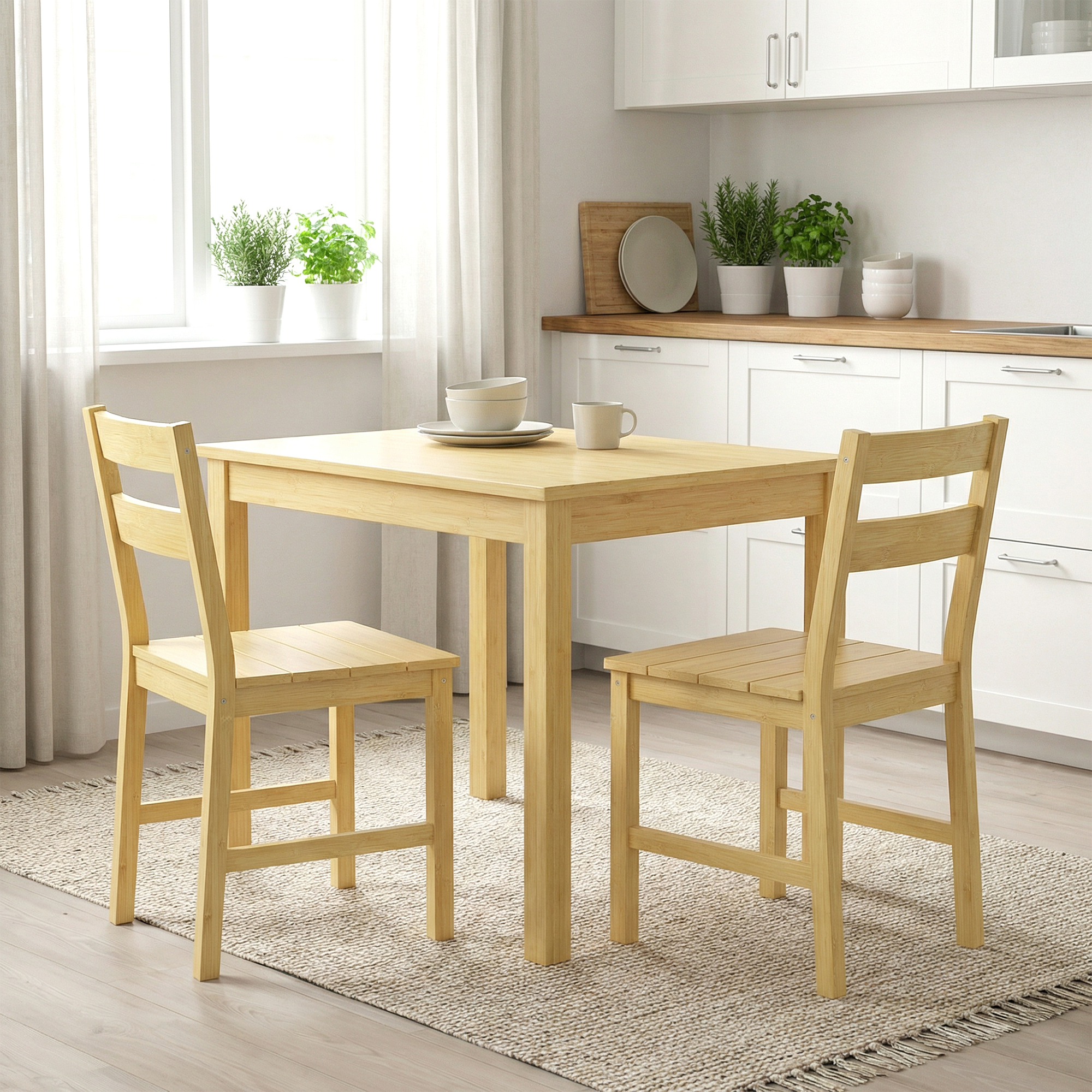 Un tavolo di legno con due sedie in una cucina luminosa con mobili bianchi.
