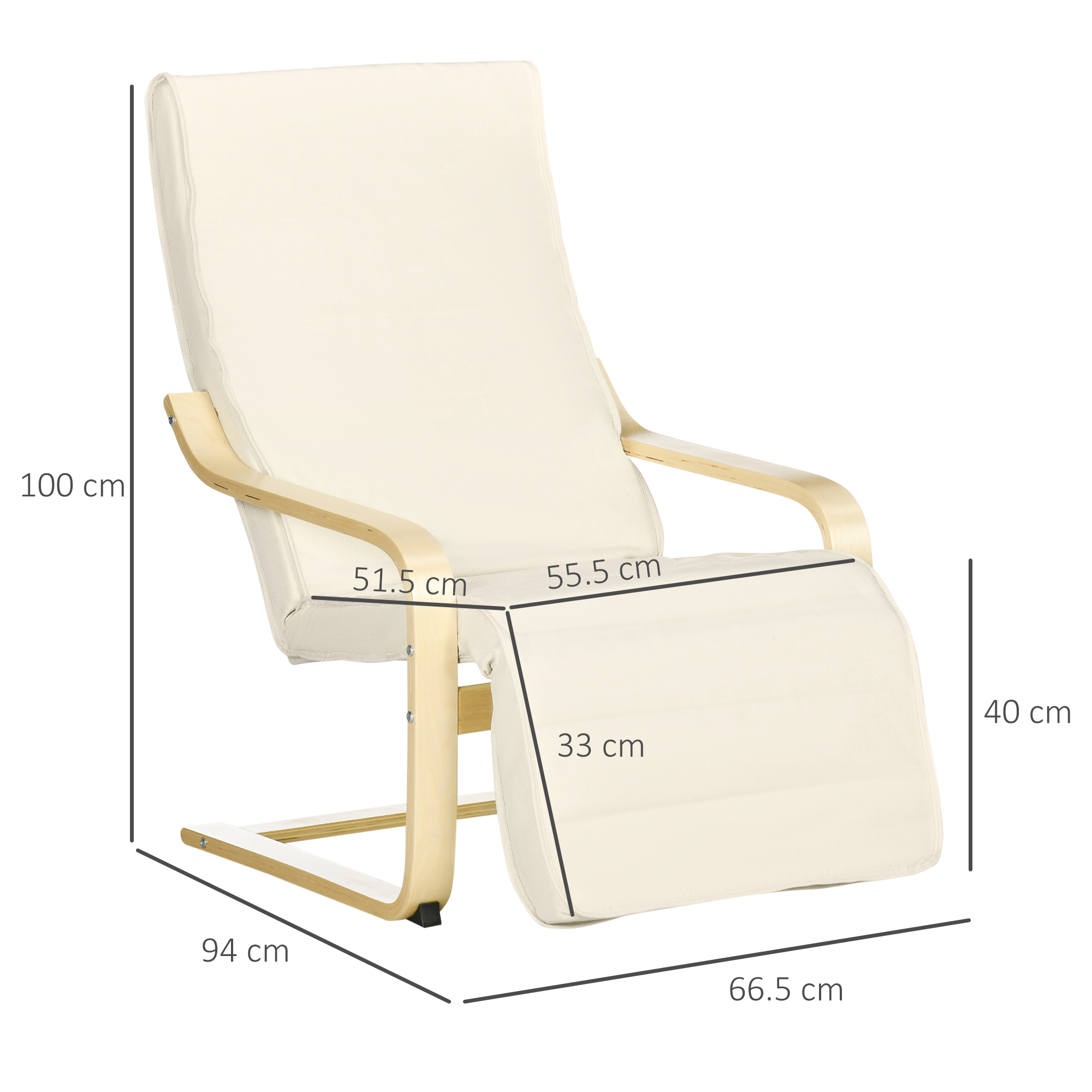 Una poltrona reclinabile beige con telaio in legno, dimensioni indicate.