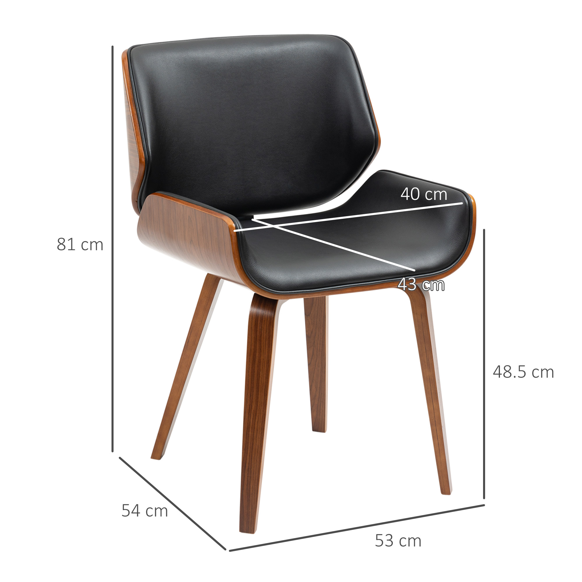 Sedia nera in ecopelle con gambe in legno, mostra dimensioni seduta.