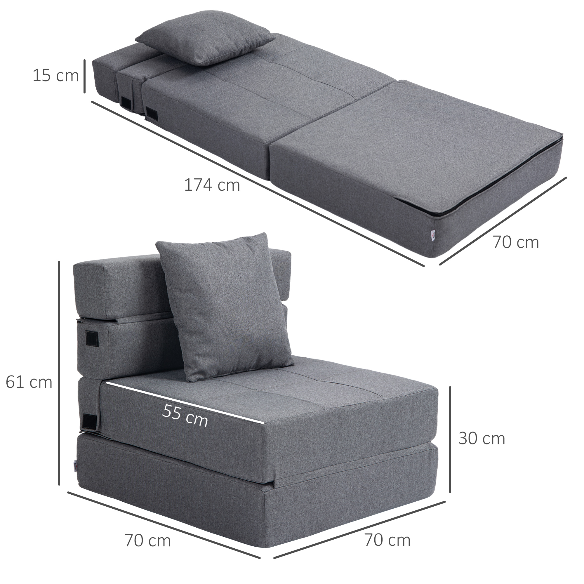Poltrona letto grigia, aperta 174x70x15cm, chiusa 70x70x61cm.