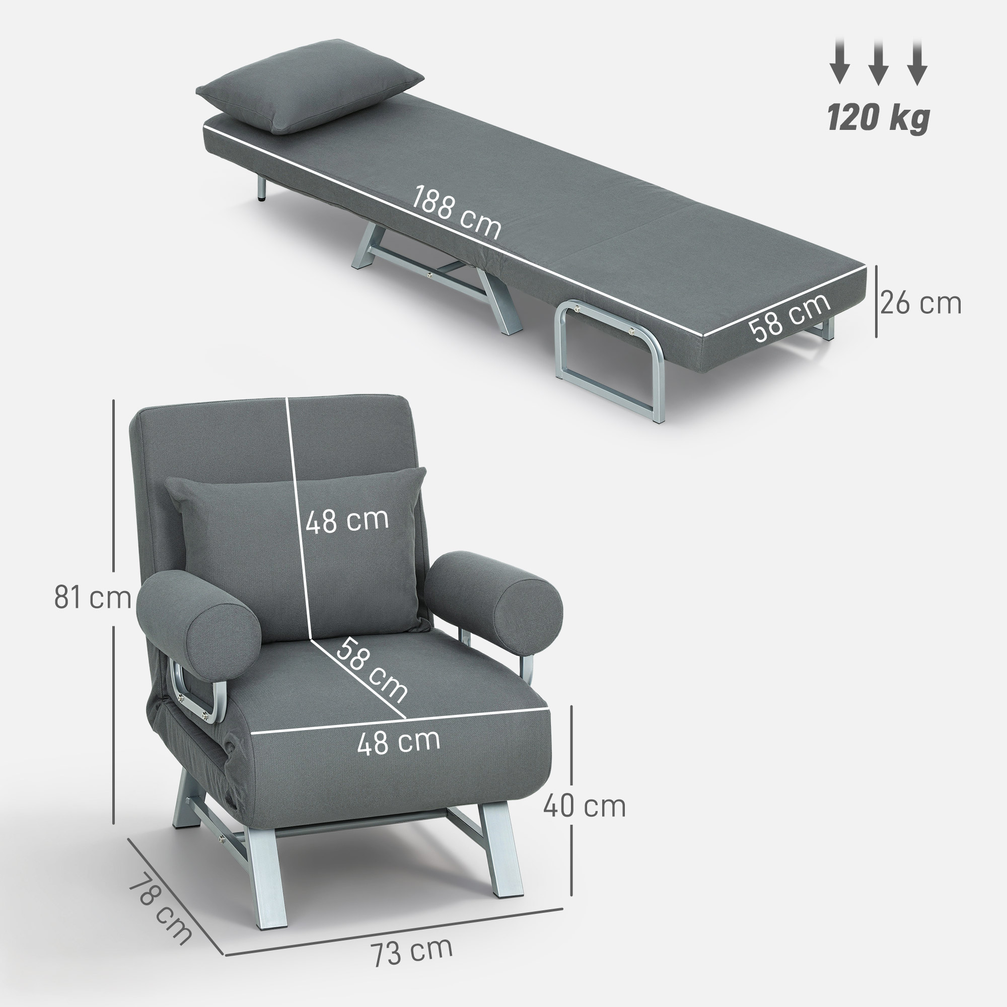 Poltrona letto grigia aperta come letto, dimensioni indicate.